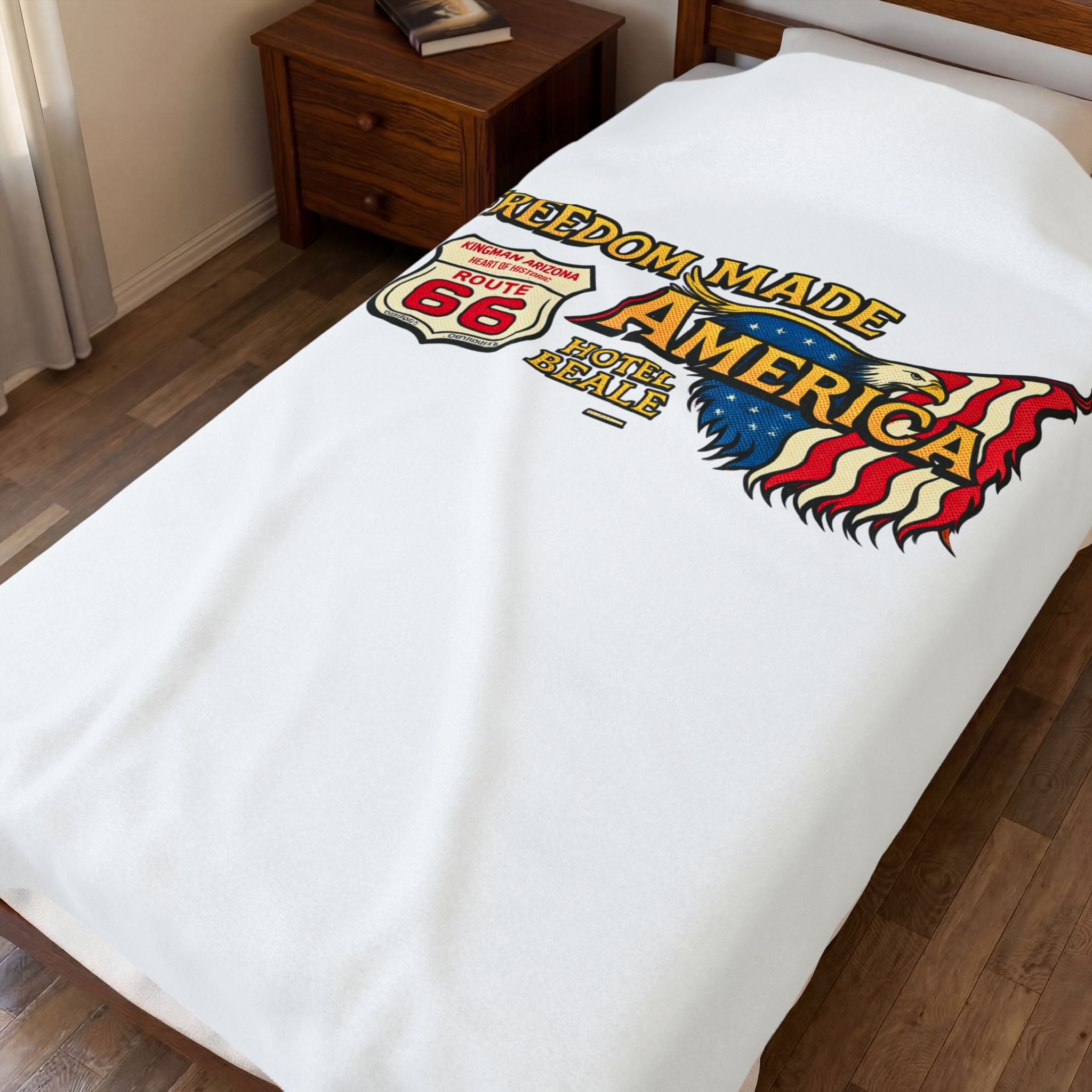 Freedom Made America Velveteen Plush Blanket | Route 66 Flag Eagle Design