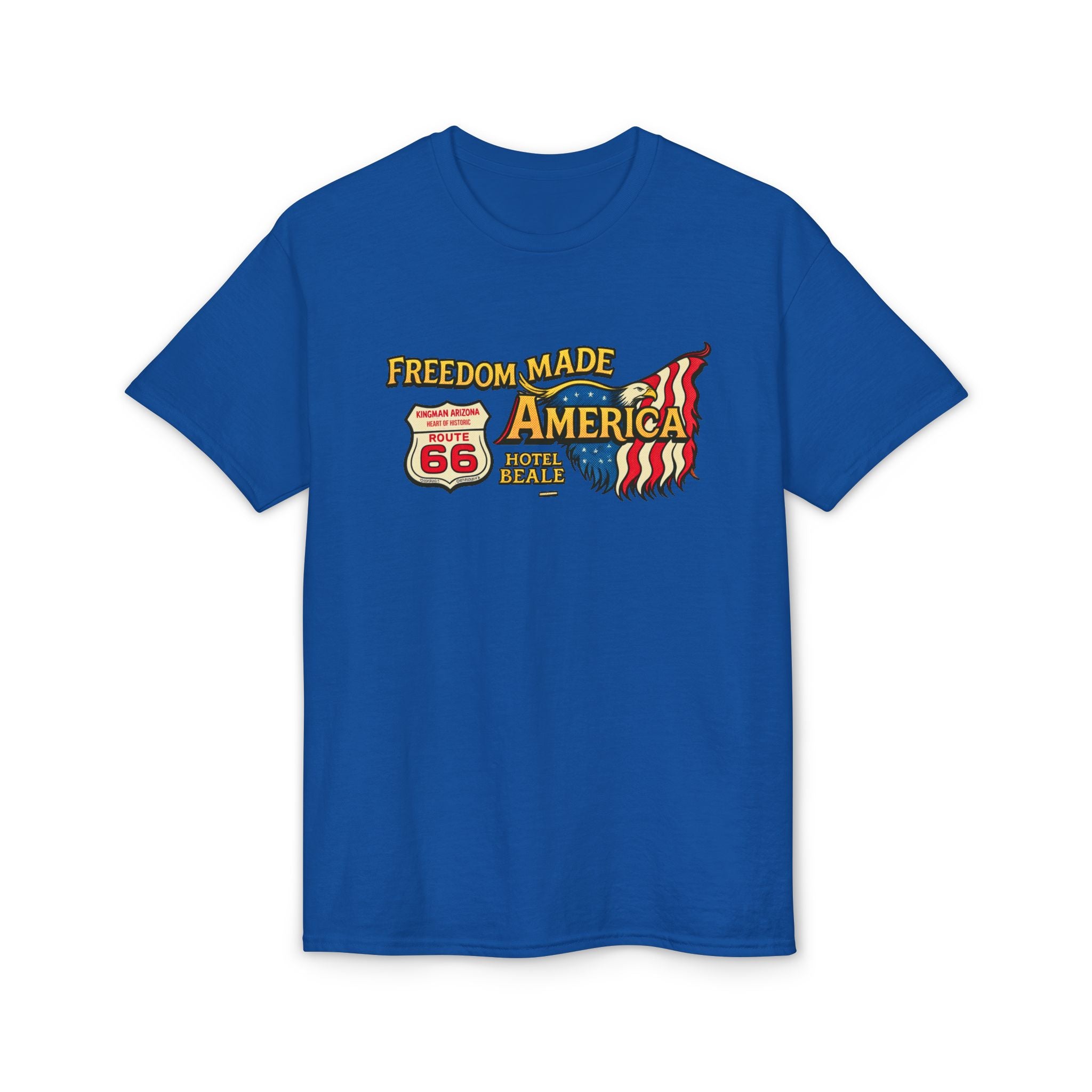 Freedom Made America Route 66 Karte T-Shirt | Amerikanische Flagge Straßenrand-Grafik