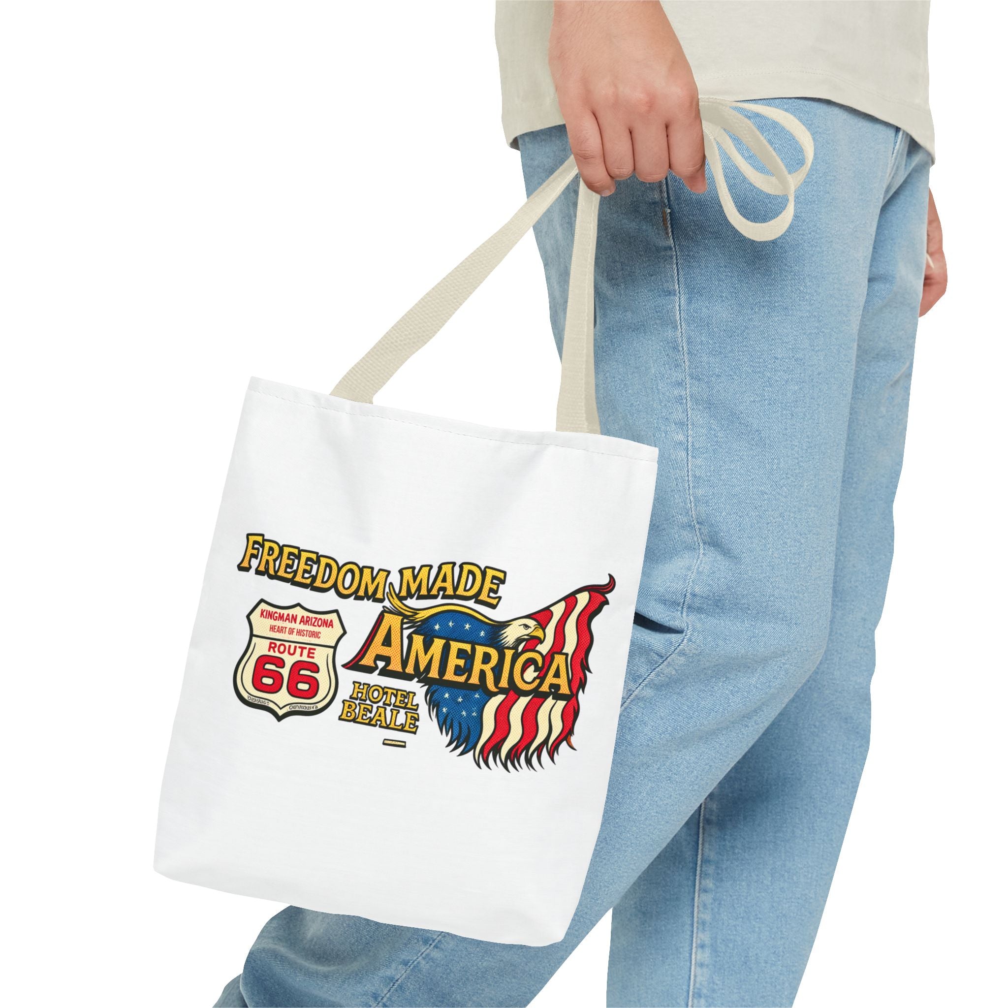 Freedom Made America Tote Bag | Route 66 Flag Graphic