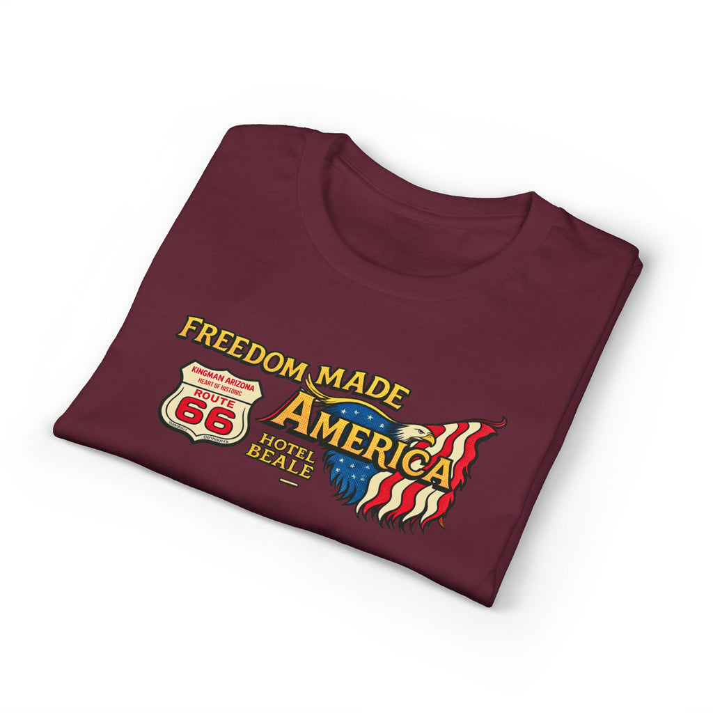 Freedom Made America Route 66 Map T-Shirt | American Flag Roadside Graphic