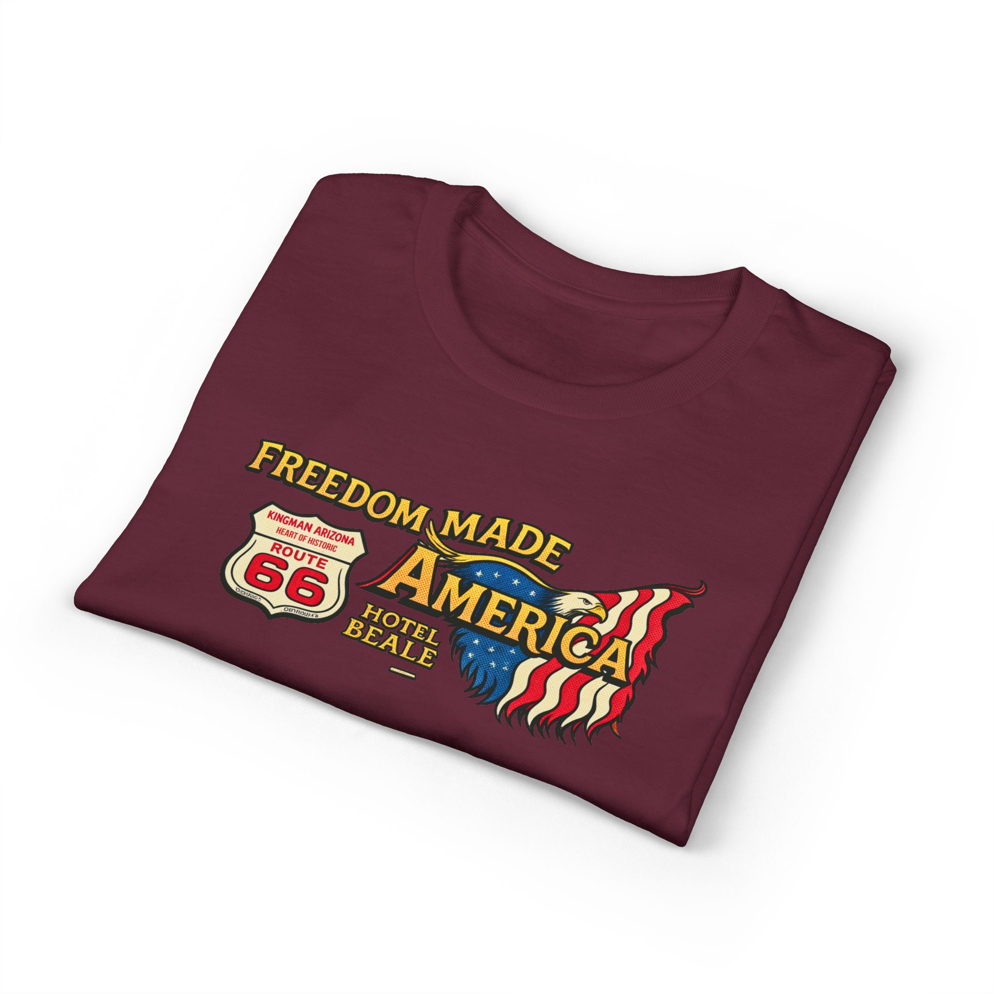 Freedom Made America Route 66 Map T-Shirt | American Flag Roadside Graphic