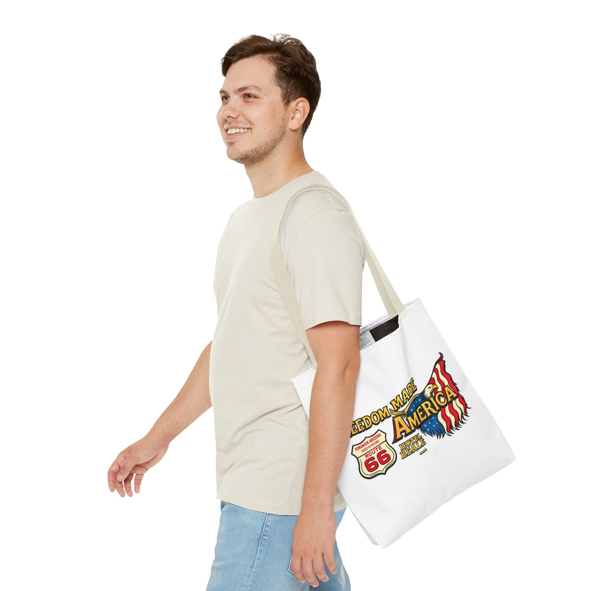 Freedom Made America Tote Bag | Route 66 Flag Graphic