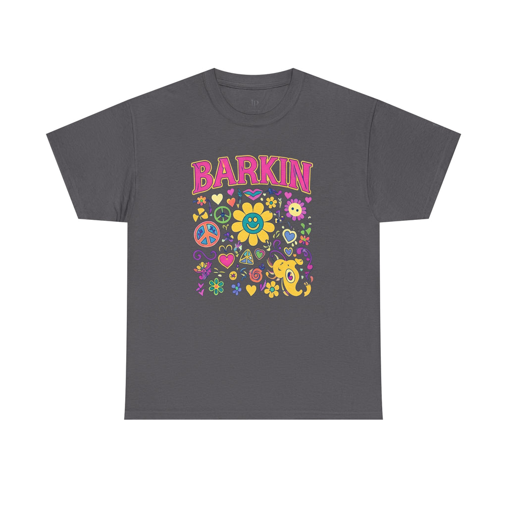 Barkin retro floral dog design T-Shirt | 70s cartoon flowers peace signs, JP Ellington Edition