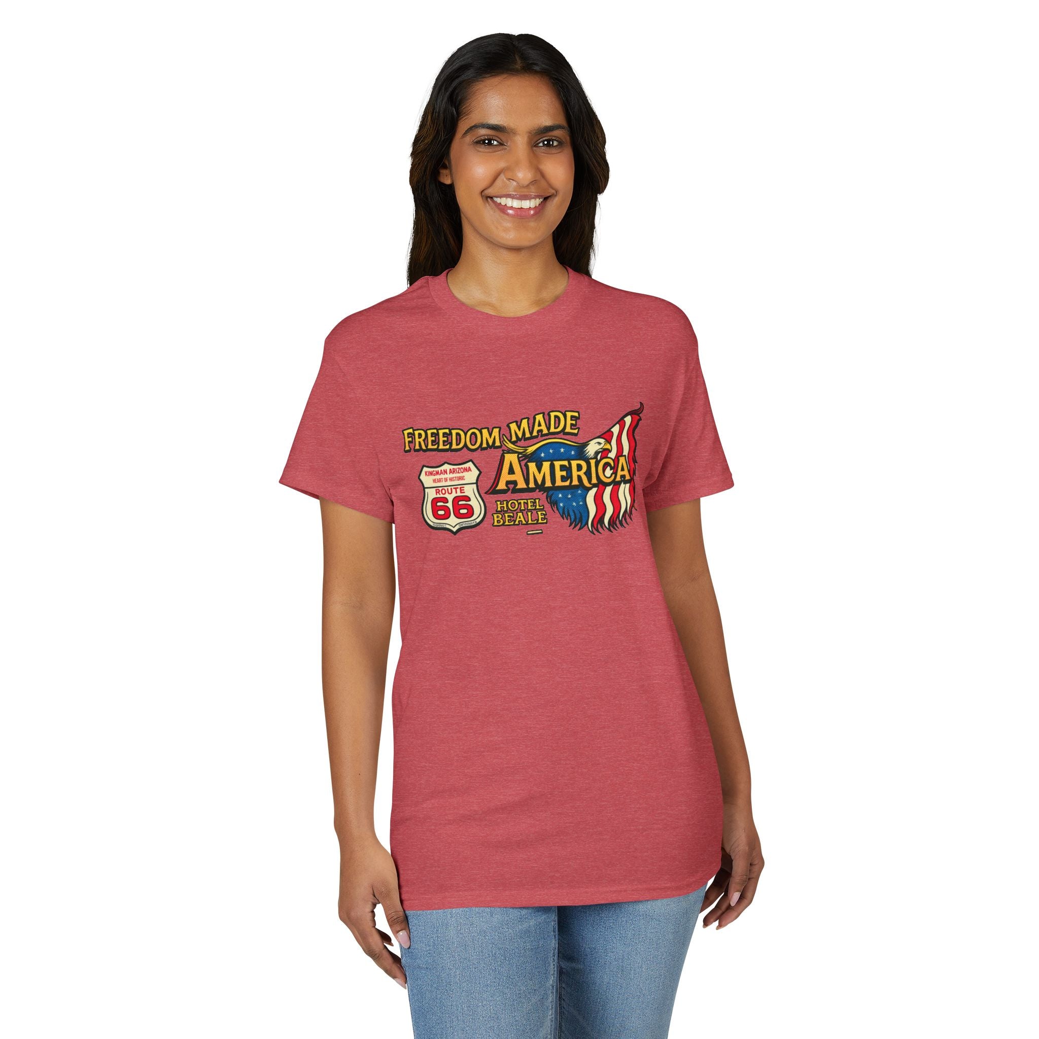 Freedom Made America Route 66 Map T-Shirt | American Flag Roadside Graphic