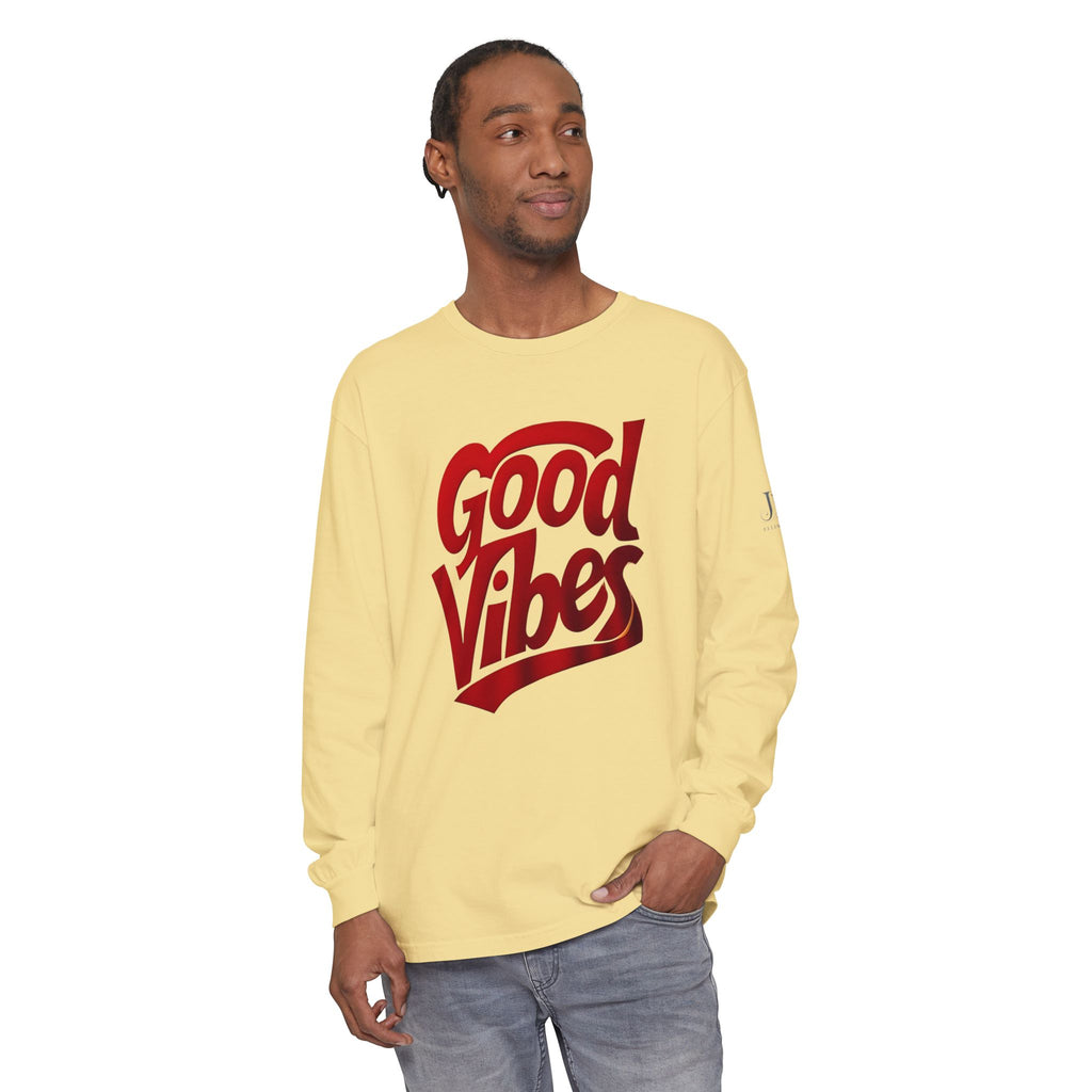 Good Vibes script graphic Long Sleeve Tee | White, Red lettering