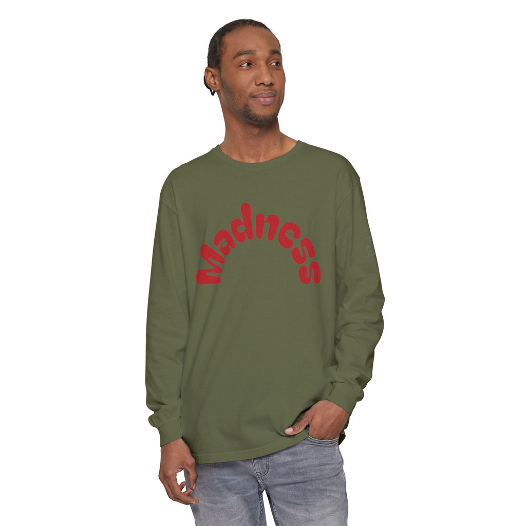 Madness Arch Logo long sleeve tee | White shirt with red retro text