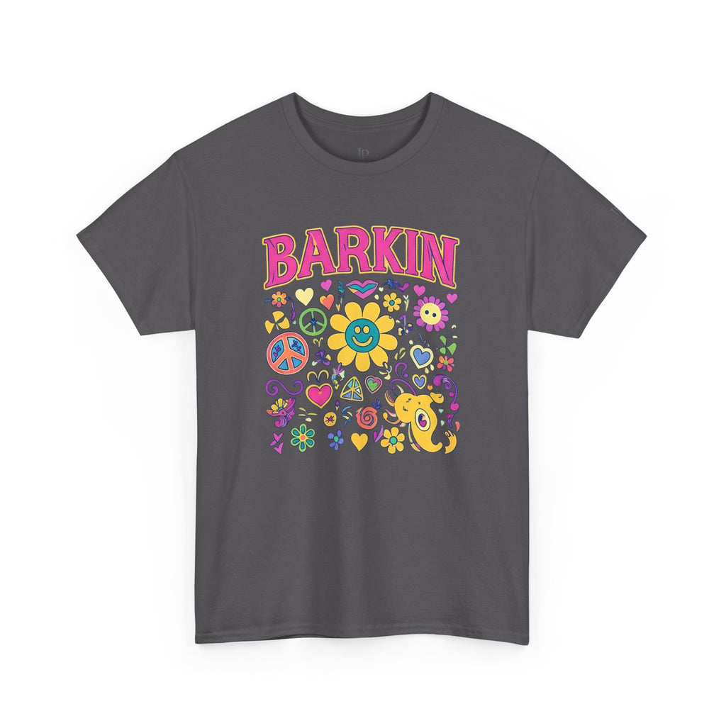 Barkin retro floral dog design T-Shirt | 70s cartoon flowers peace signs, JP Ellington Edition