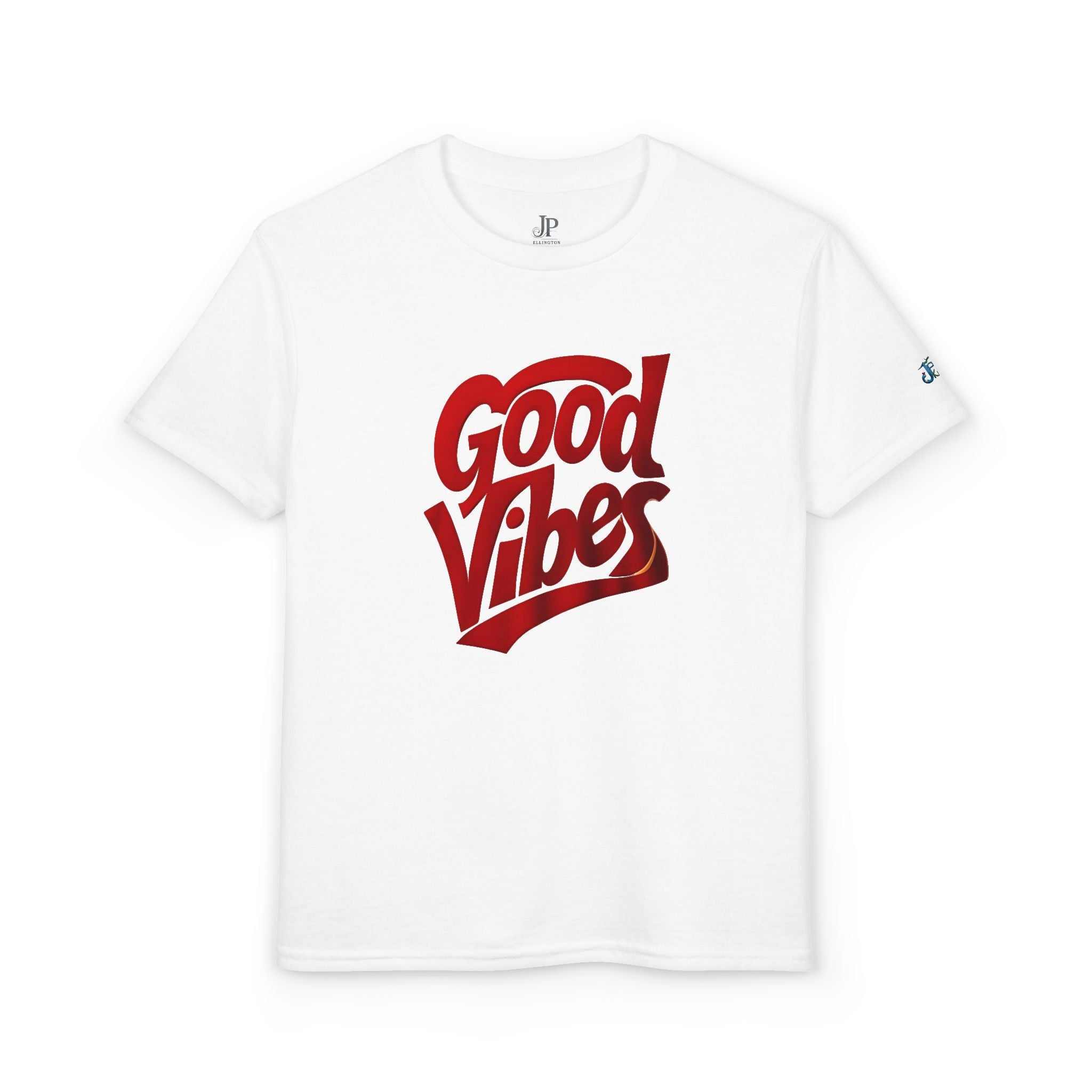 Good Vibes Grafik-Jugend-T-Shirt | rotes Skript-Logo, JPE Kids Edition