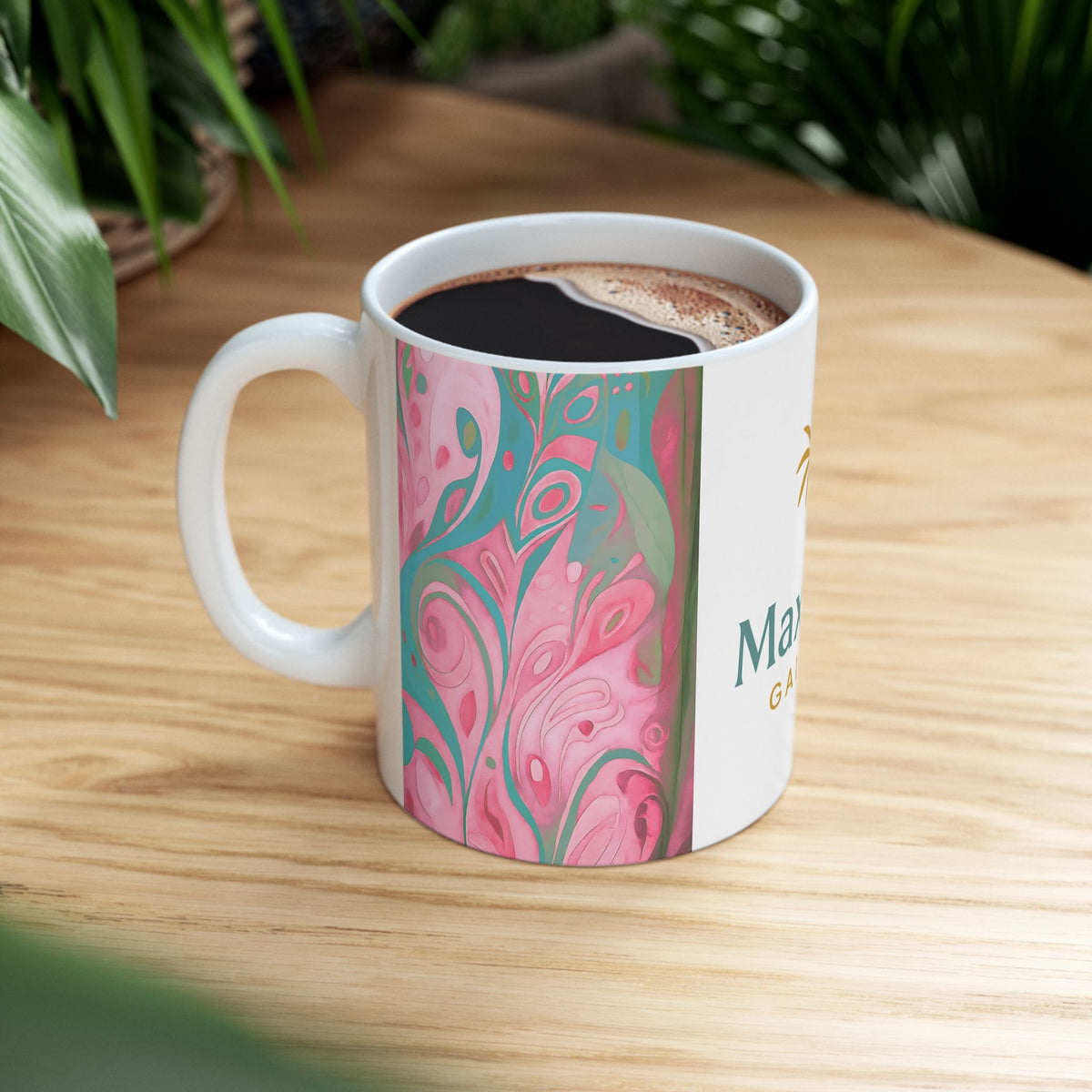 Ceramic Mug — Max Perr Galerie Logo with Pink Floral Art 11oz