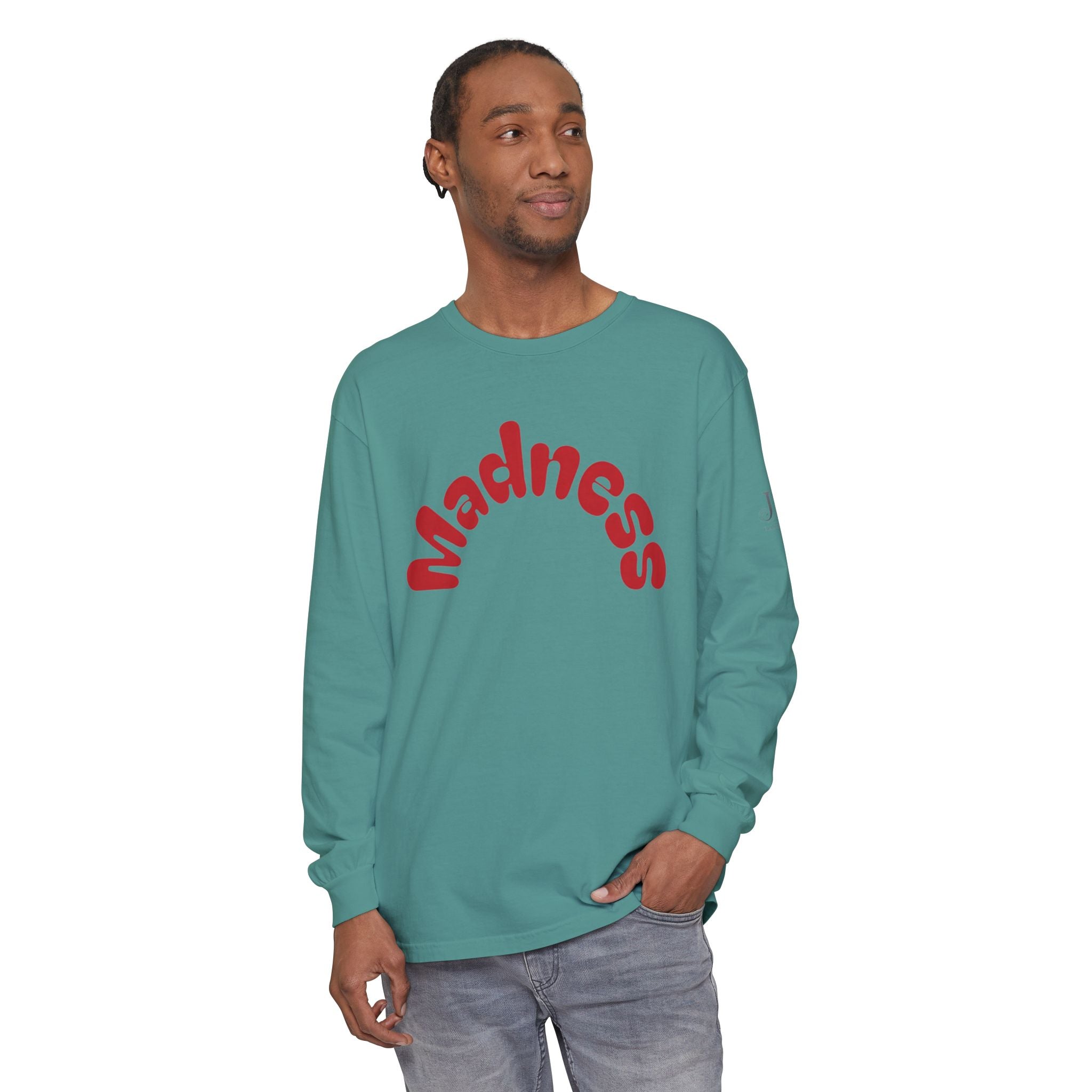 Madness Arch Logo long sleeve tee | White shirt with red retro text