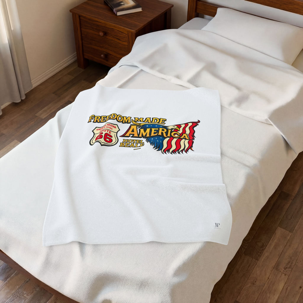 Freedom Made America Velveteen Plush Blanket | Route 66 Flag Eagle Design