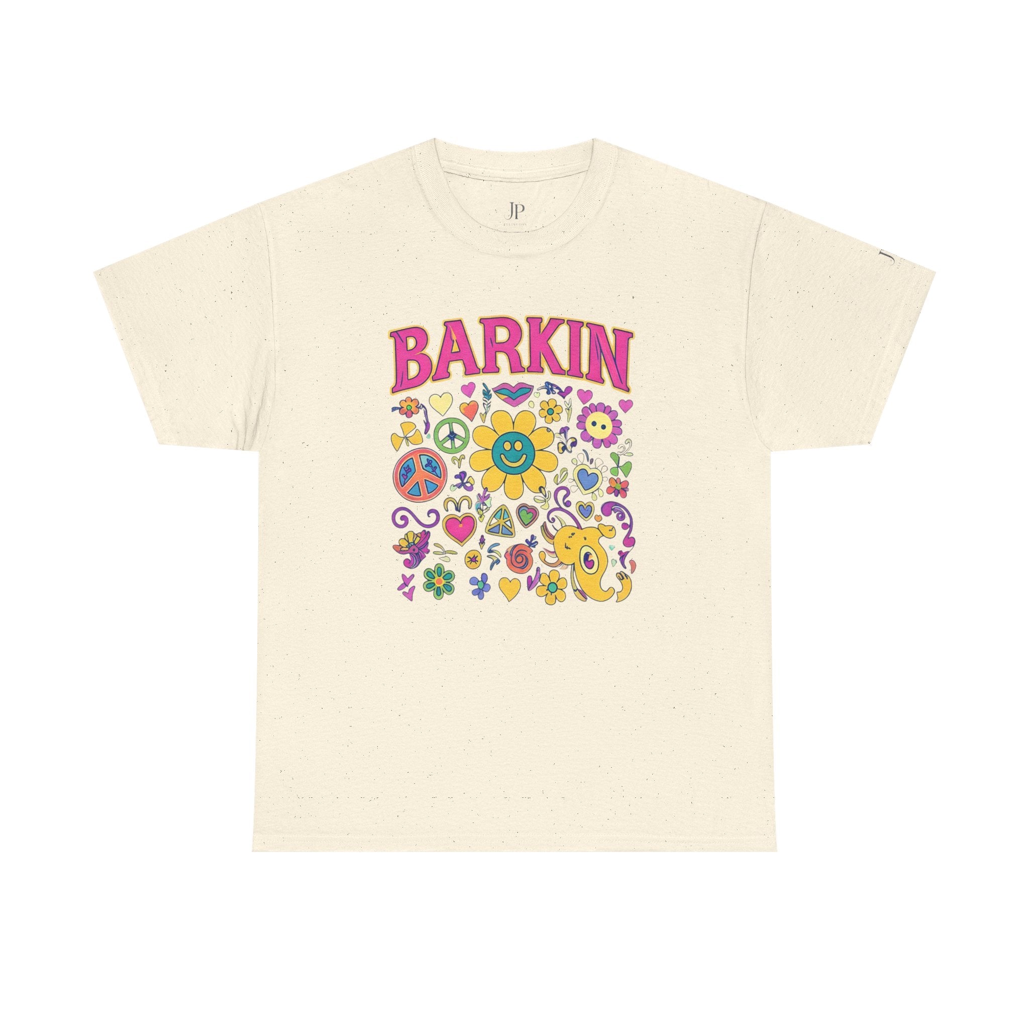 Barkin retro floral dog design T-Shirt | 70s cartoon flowers peace signs, JP Ellington Edition