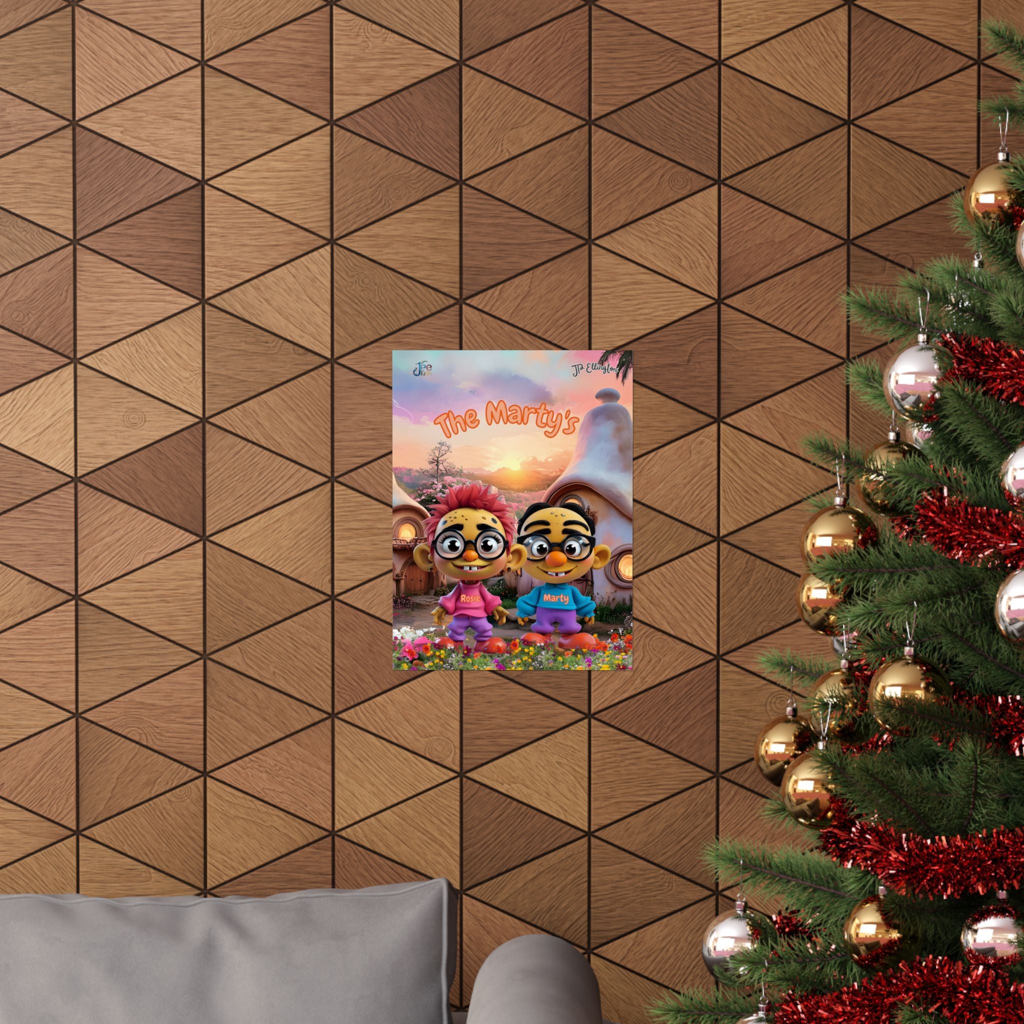 The Martys Characters Matte Poster | Cute Cartoon Twins, Sunset Village Scene