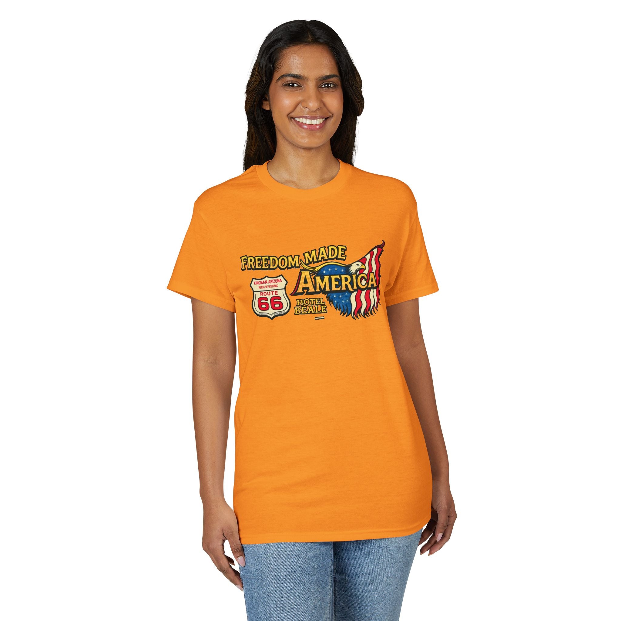Freedom Made America Route 66 Map T-Shirt | American Flag Roadside Graphic