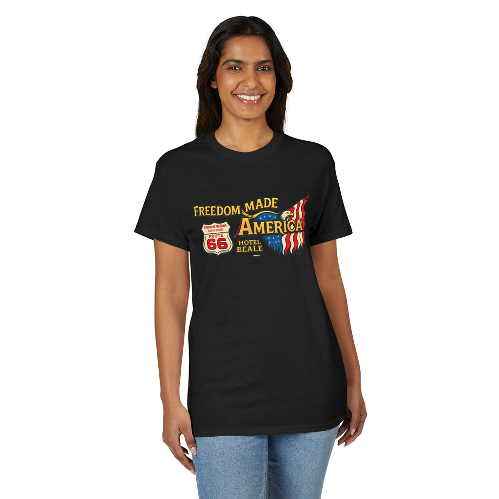 Freedom Made America Route 66 Map T-Shirt | American Flag Roadside Graphic
