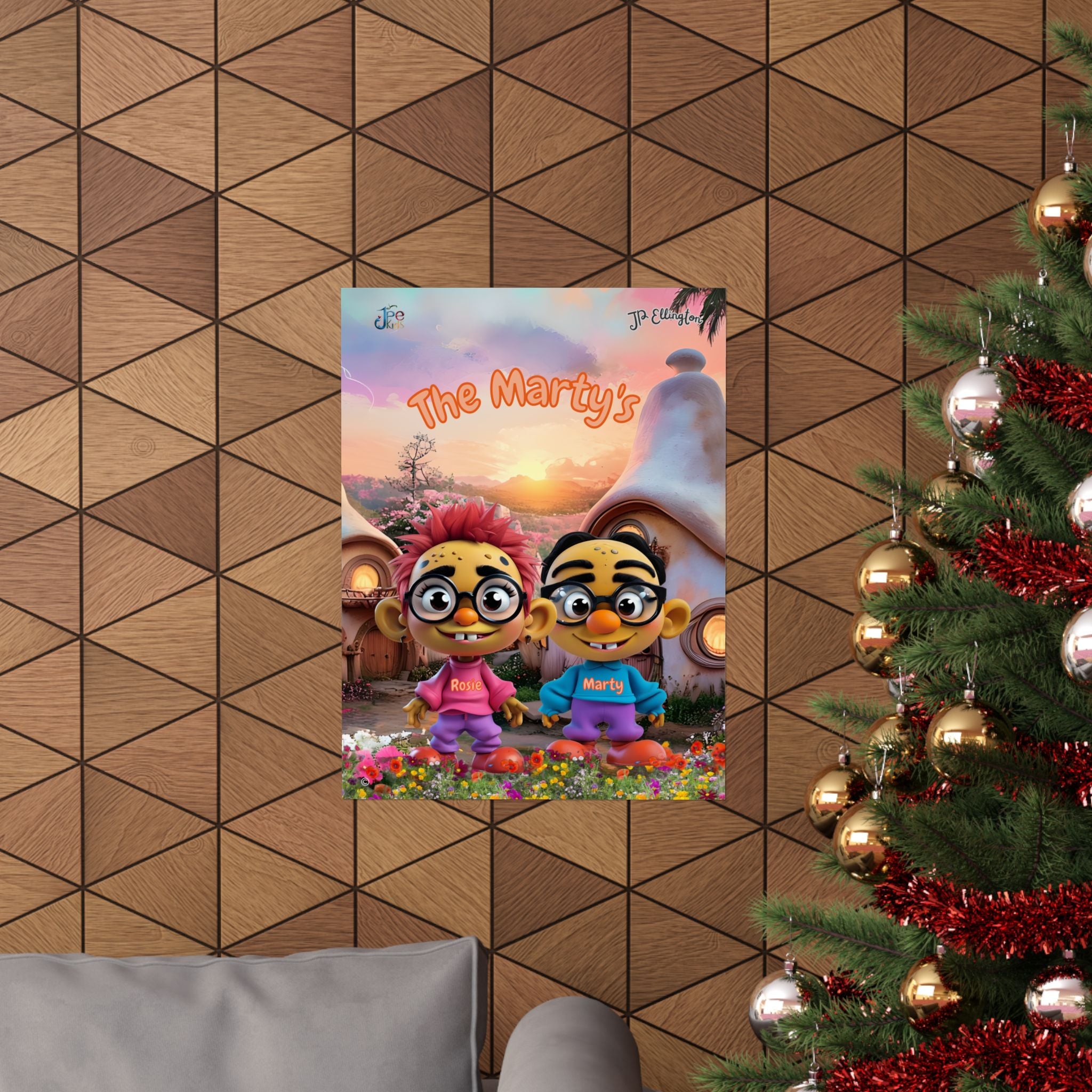 The Martys Characters Matte Poster | Cute Cartoon Twins, Sunset Village Scene