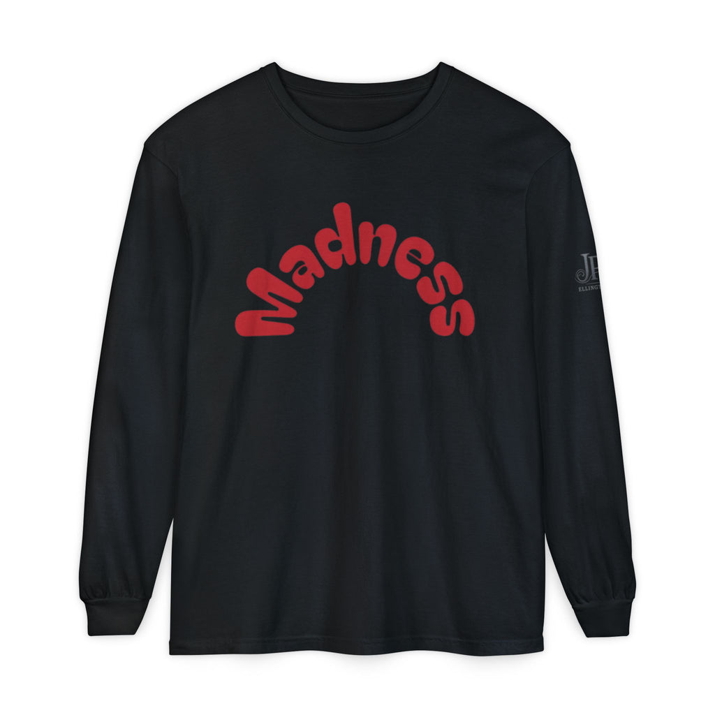 Madness Arch Logo long sleeve tee | White shirt with red retro text