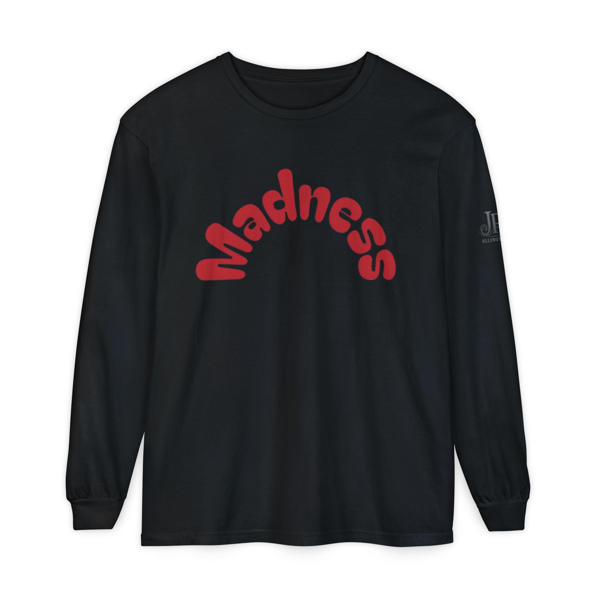 Madness Arch Logo long sleeve tee | White shirt with red retro text