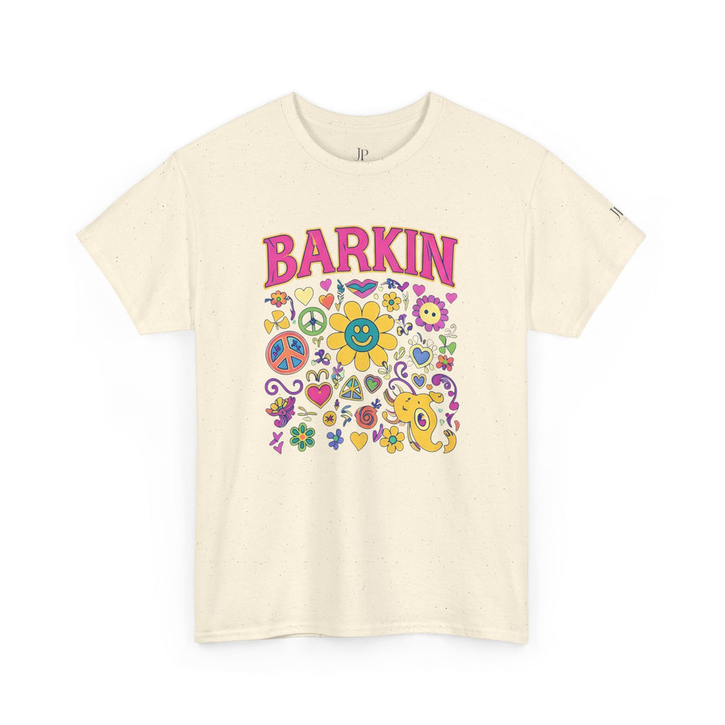 Barkin retro floral dog design T-Shirt | 70s cartoon flowers peace signs, JP Ellington Edition