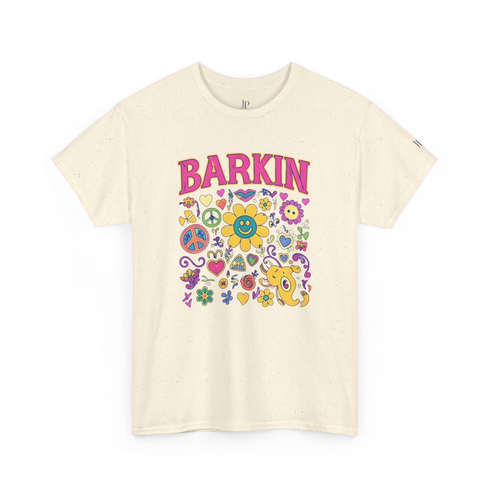 Barkin retro floral dog design T-Shirt | 70s cartoon flowers peace signs, JP Ellington Edition
