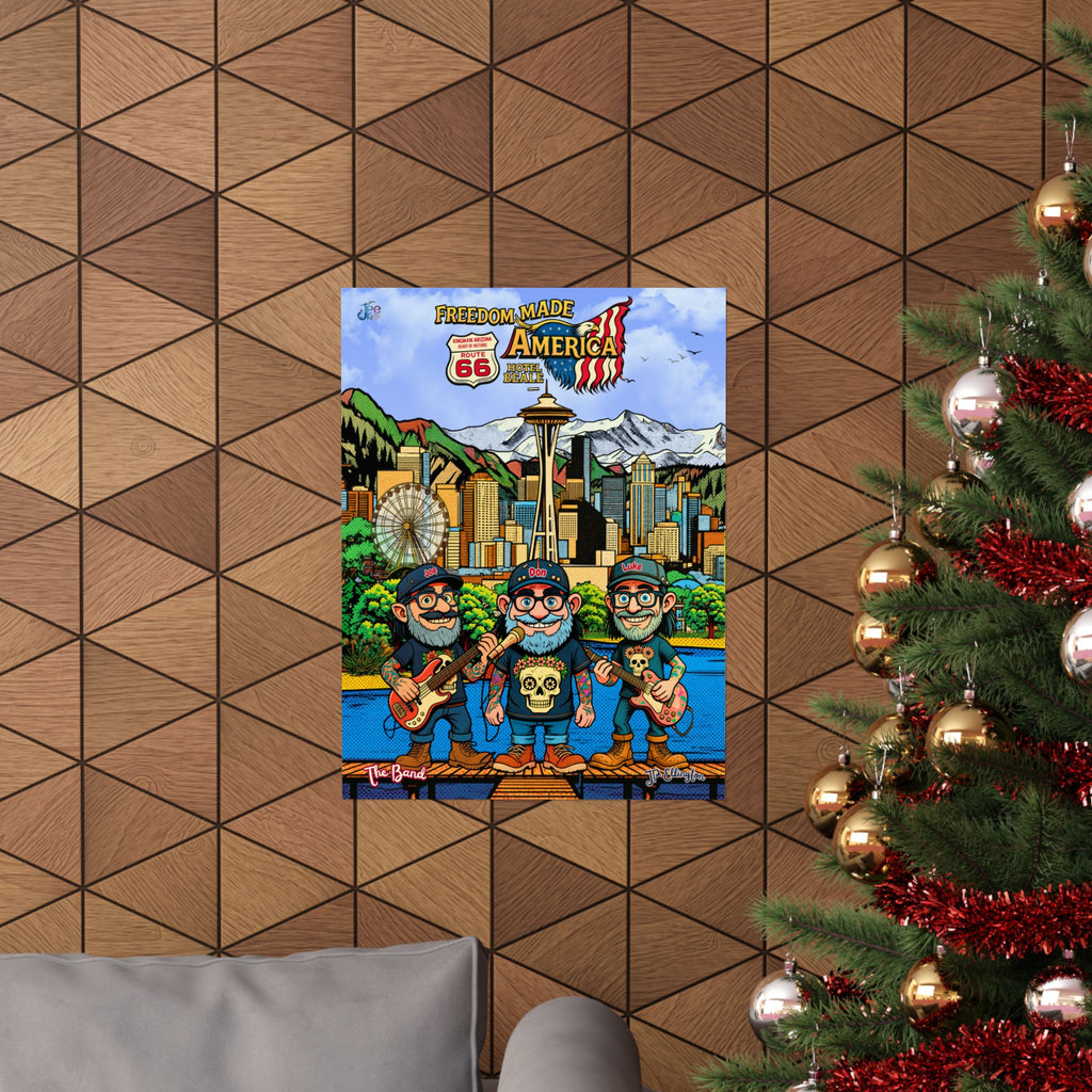 Freedom Made America Poster | Seattle Band Cartoon Skyline Route 66