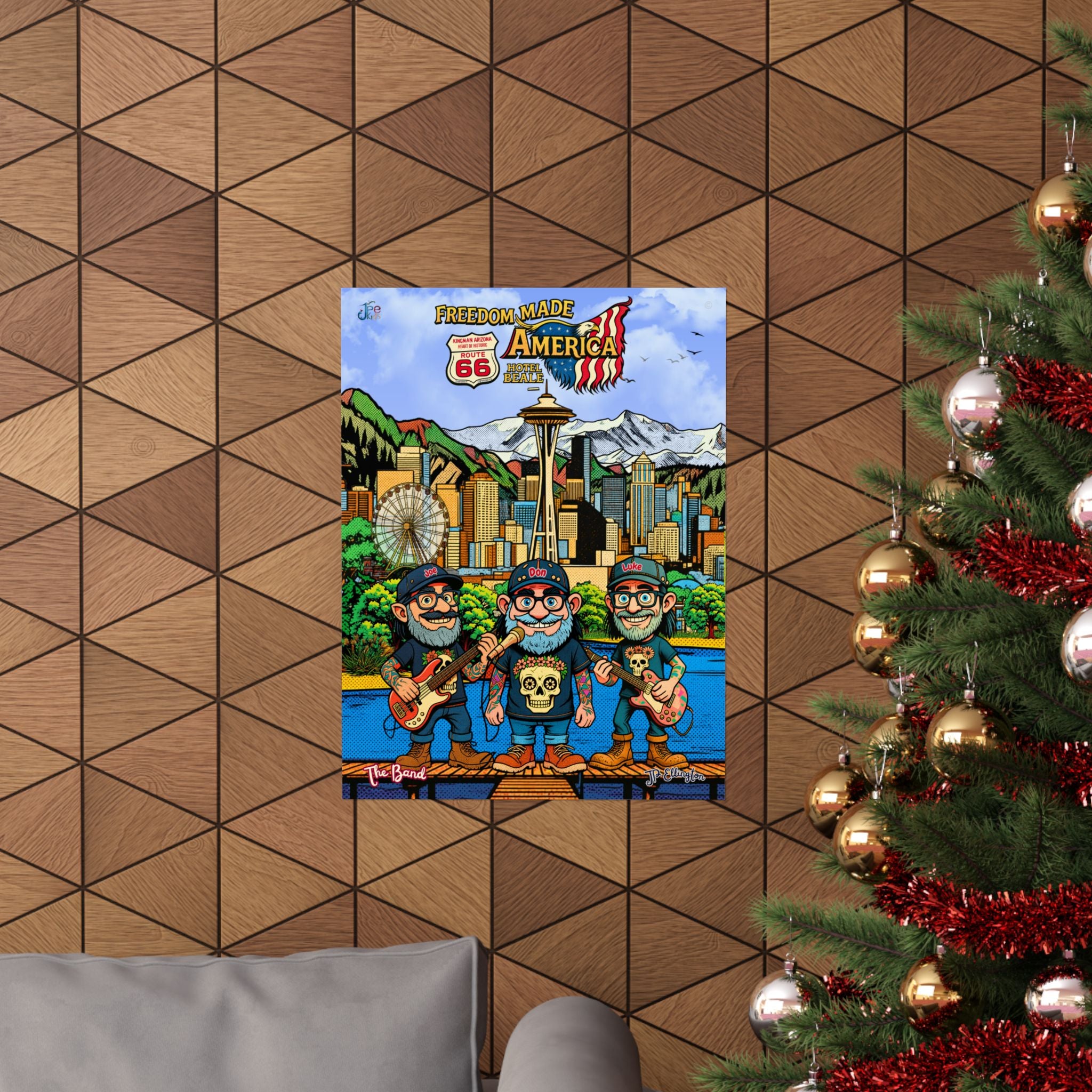 Freedom Made America Poster | Seattle Band Cartoon Skyline Route 66
