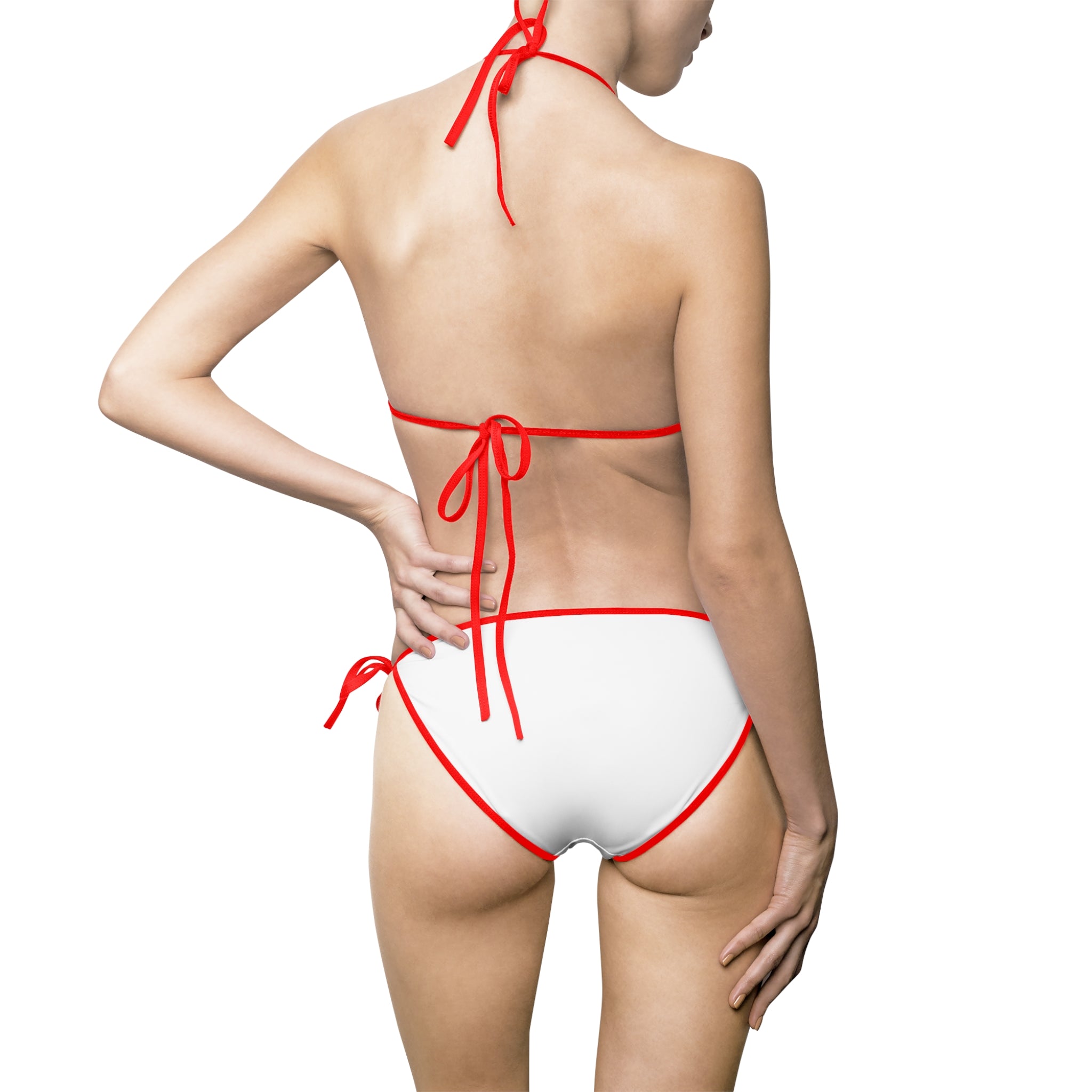 Red Trim White Triangle Bikini Swimsuit | Tie Side Top Bottom