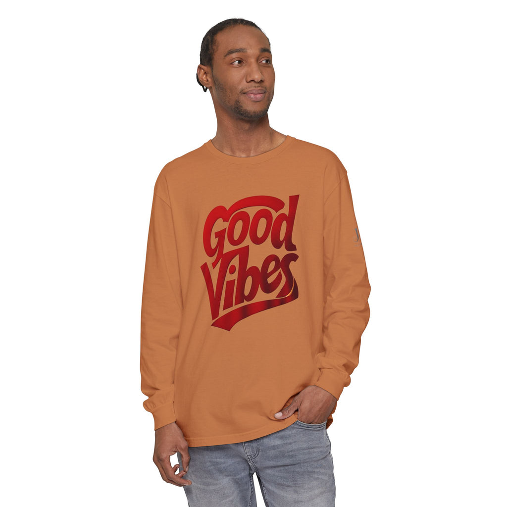 Good Vibes script graphic Long Sleeve Tee | White, Red lettering