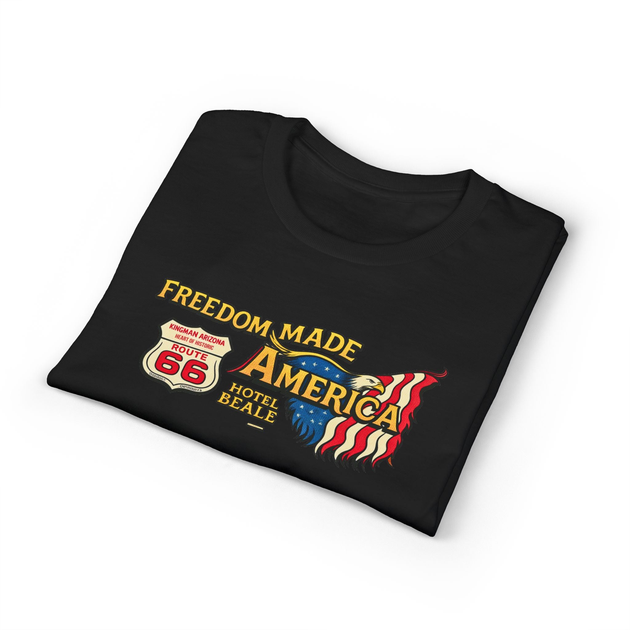 Freedom Made America Route 66 Map T-Shirt | American Flag Roadside Graphic
