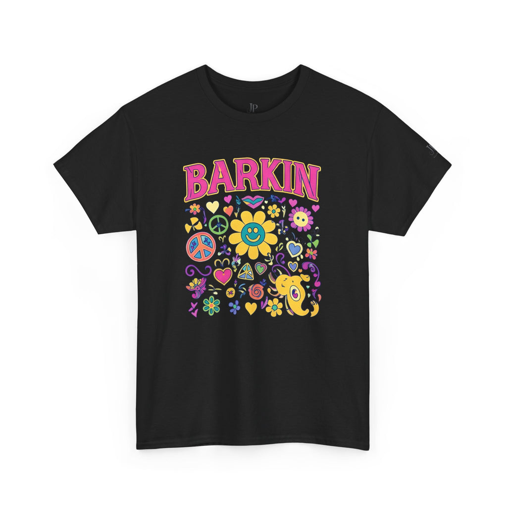 Barkin retro floral dog design T-Shirt | 70s cartoon flowers peace signs, JP Ellington Edition