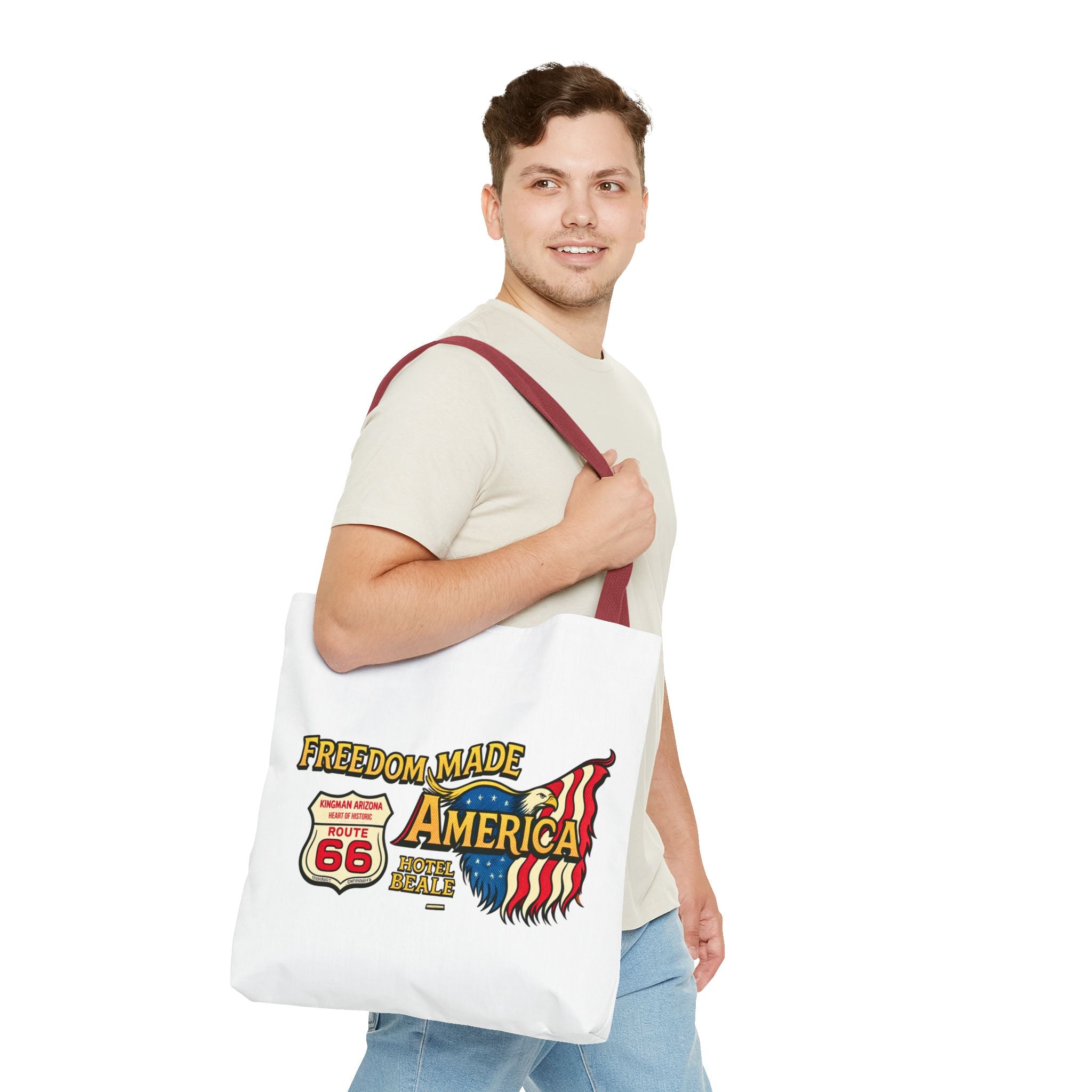 Freedom Made America Tote Bag | Route 66 Flag Graphic