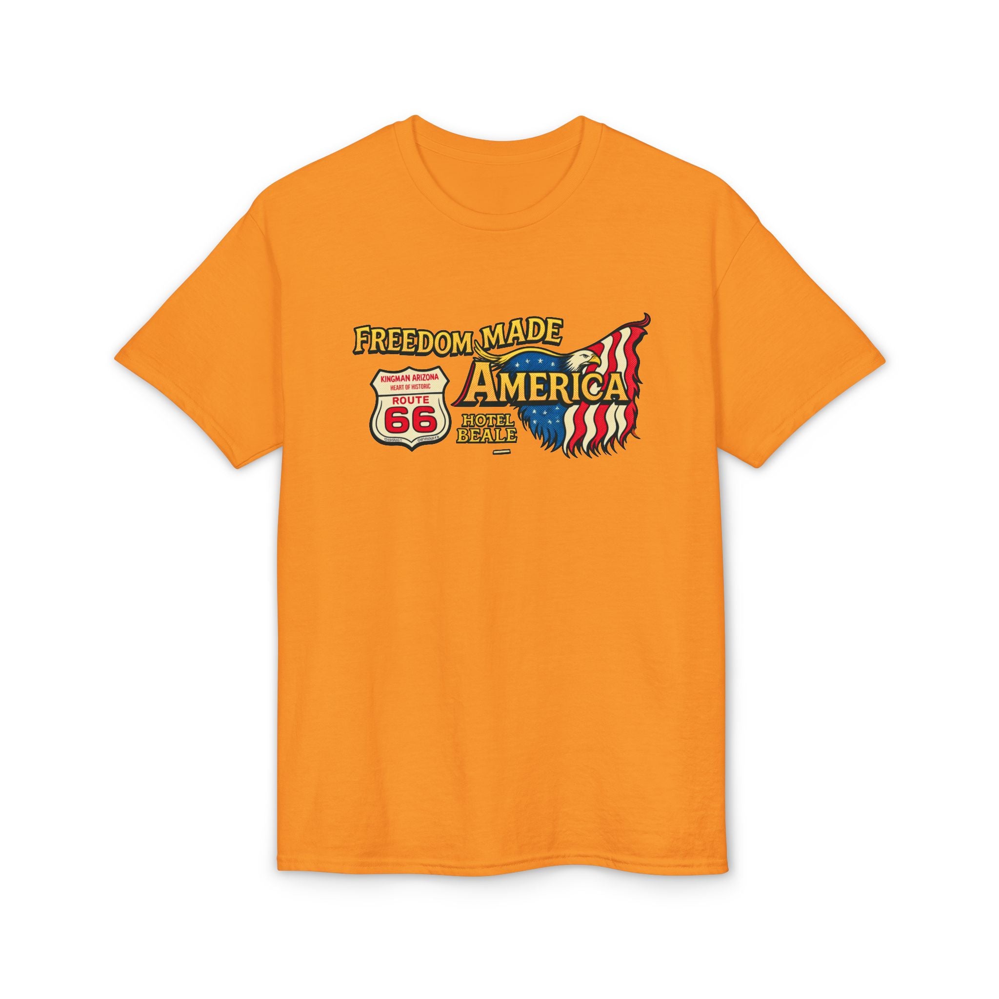 Freedom Made America Route 66 Karte T-Shirt | Amerikanische Flagge Straßenrand-Grafik