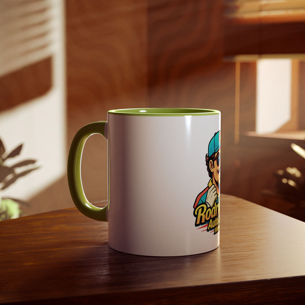 Rodriguez Auto Shop Mug — Retro Mechanic Logo Accent Coffee Cup (Miami)