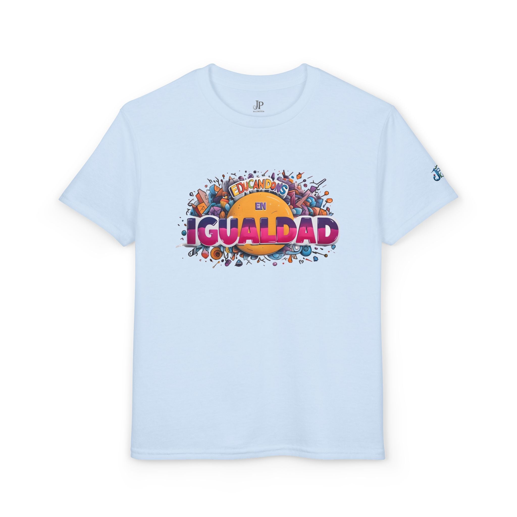 Gleichheit Grafik-Jugend-T-Shirt | Gleichheit Spanischer Text, Buntes Menschenmengen-Design, JPE Kinder Edition