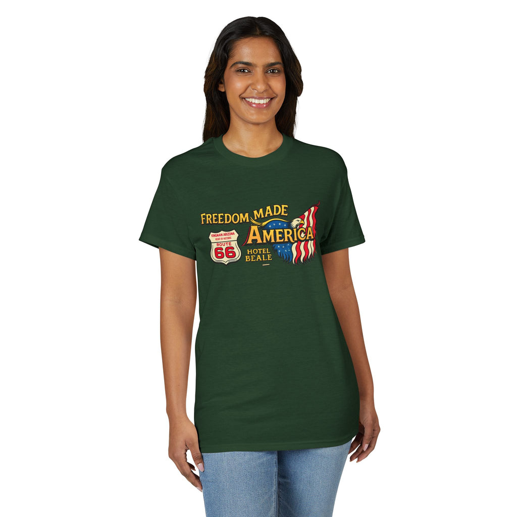 Freedom Made America Route 66 Map T-Shirt | American Flag Roadside Graphic