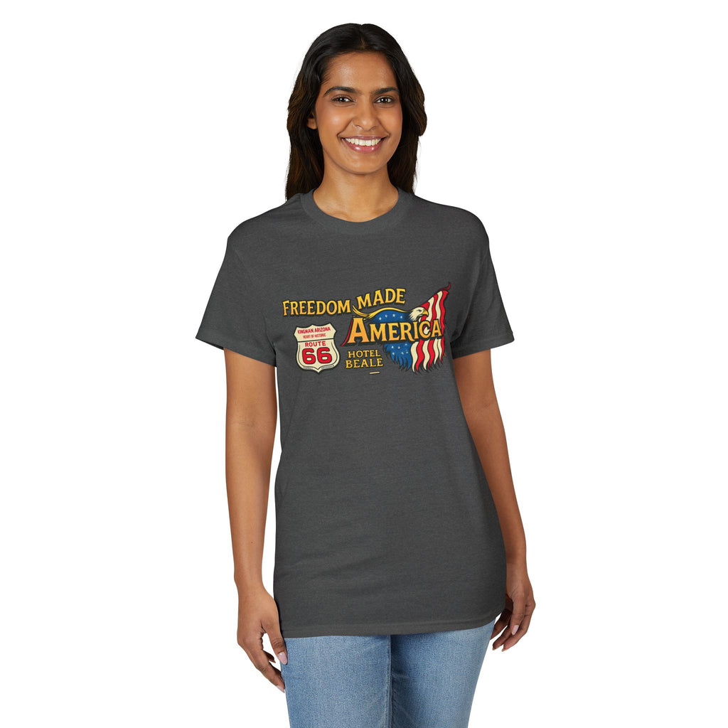 Freedom Made America Route 66 Map T-Shirt | American Flag Roadside Graphic