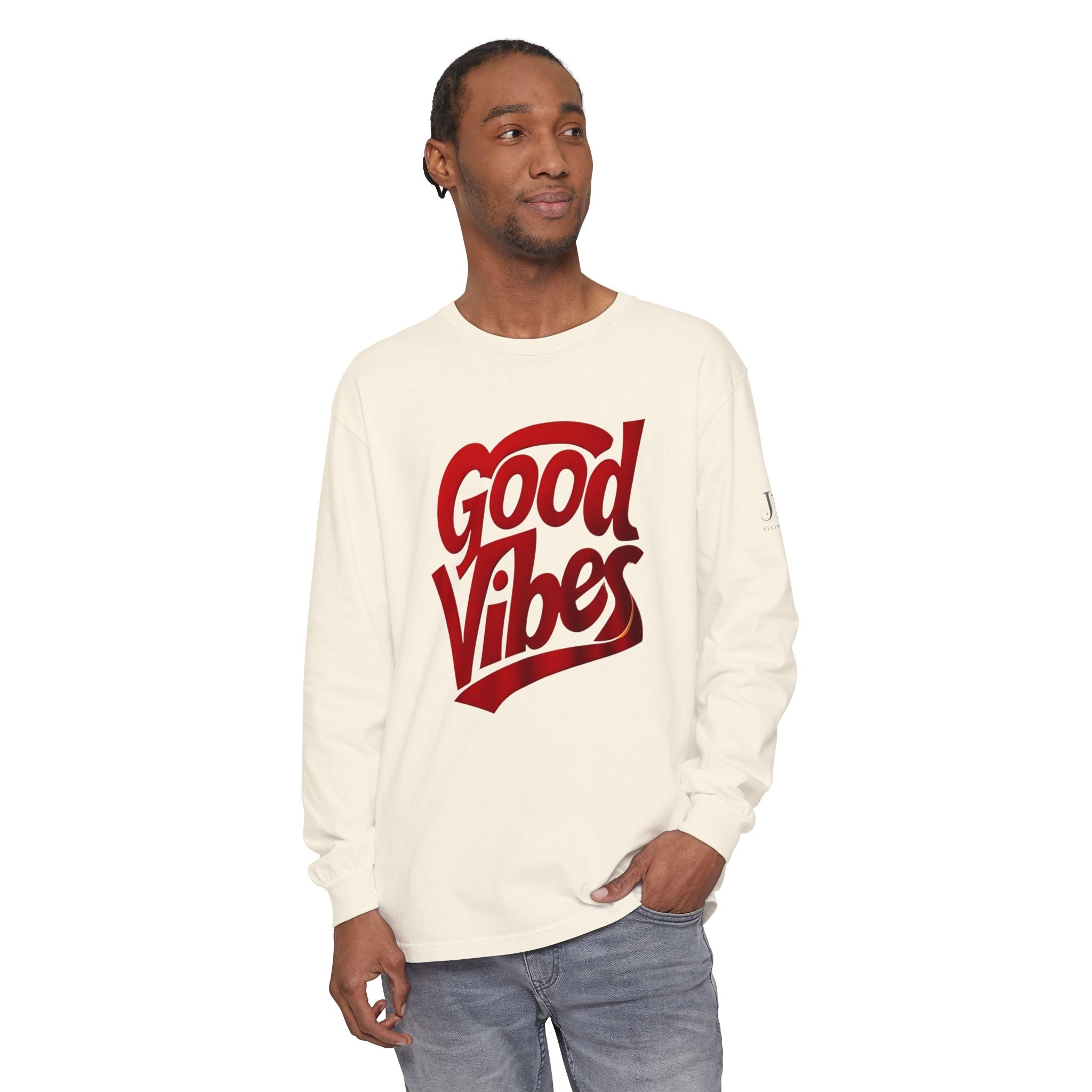 Good Vibes script graphic Long Sleeve Tee | White, Red lettering