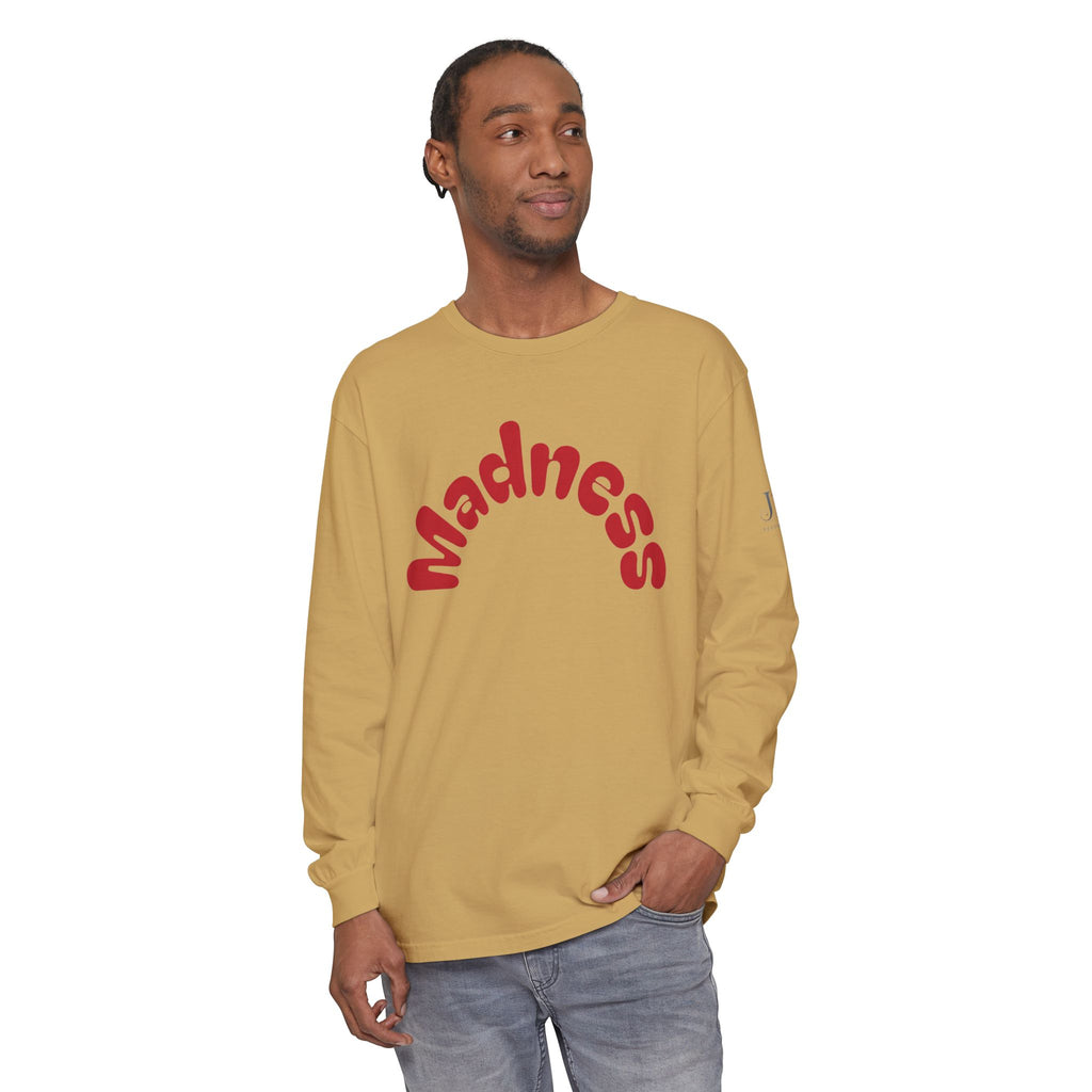 Madness Arch Logo long sleeve tee | White shirt with red retro text