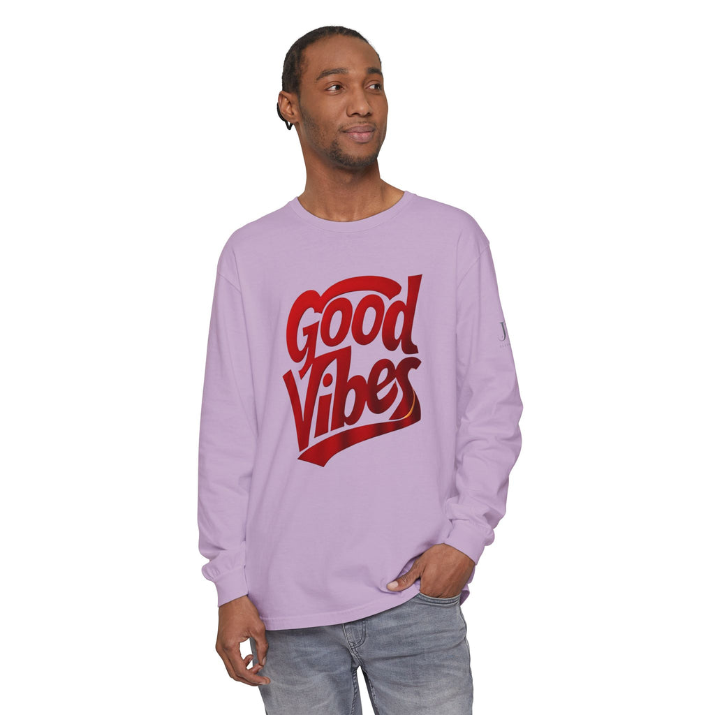 Good Vibes script graphic Long Sleeve Tee | White, Red lettering
