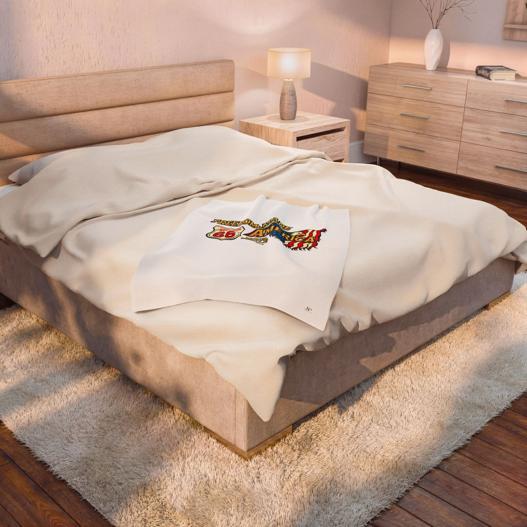 Freedom Made America Velveteen Plush Blanket | Route 66 Flag Eagle Design