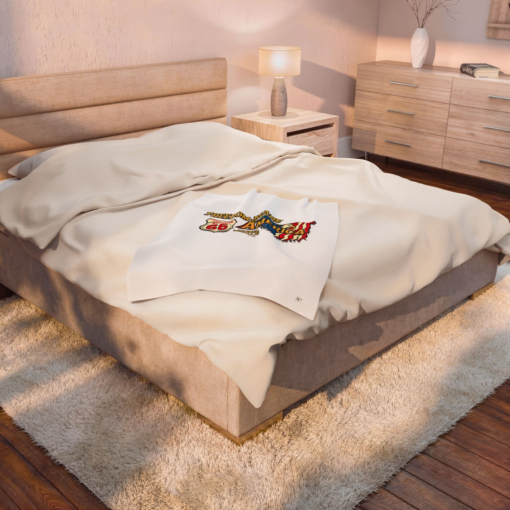 Freedom Made America Velveteen Plush Blanket | Route 66 Flag Eagle Design