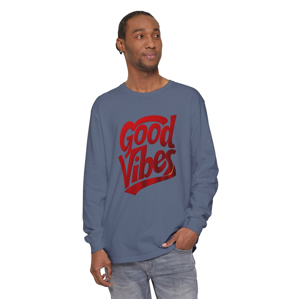 Good Vibes script graphic Long Sleeve Tee | White, Red lettering