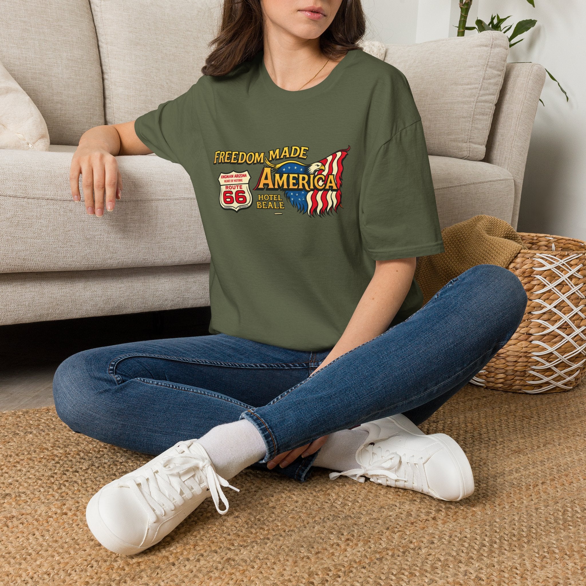Freedom Made America T-Shirt | Route 66 Flag Graphic