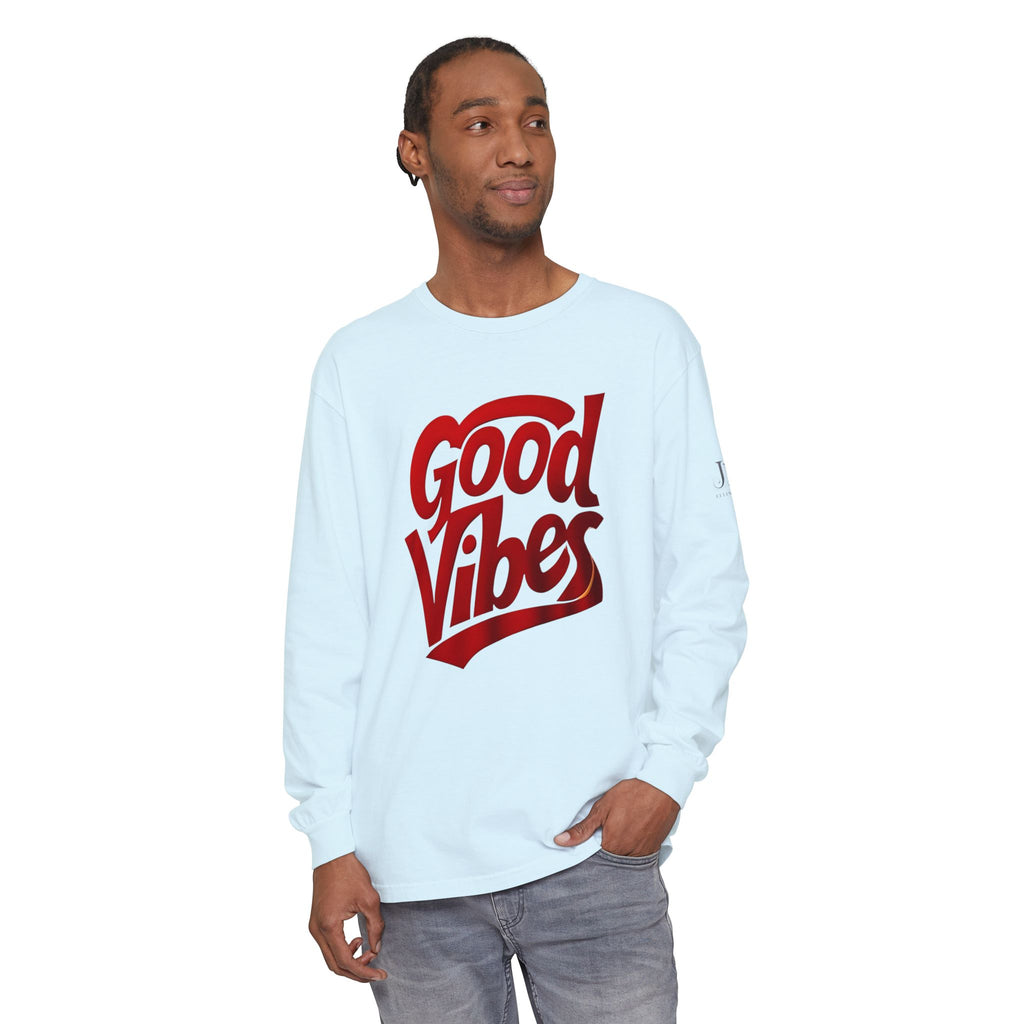 Good Vibes script graphic Long Sleeve Tee | White, Red lettering