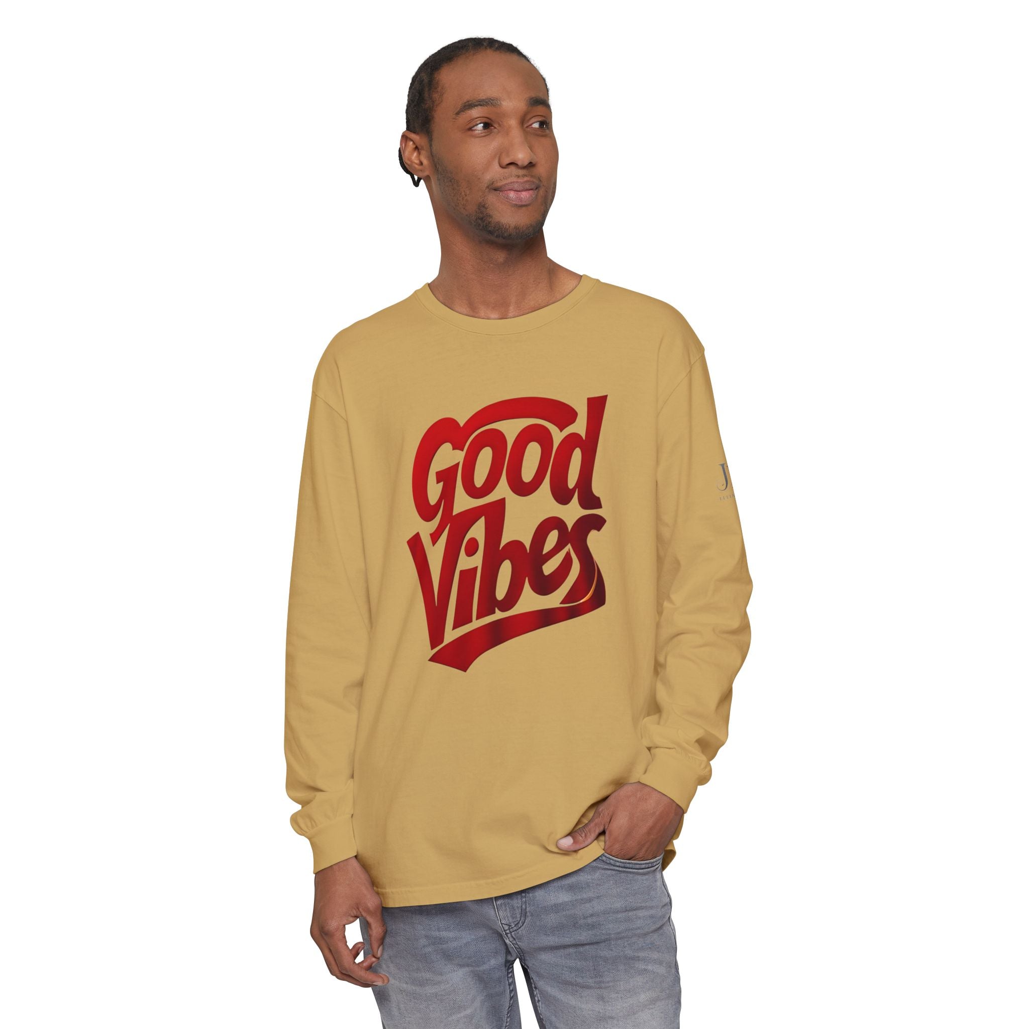 Good Vibes script graphic Long Sleeve Tee | White, Red lettering