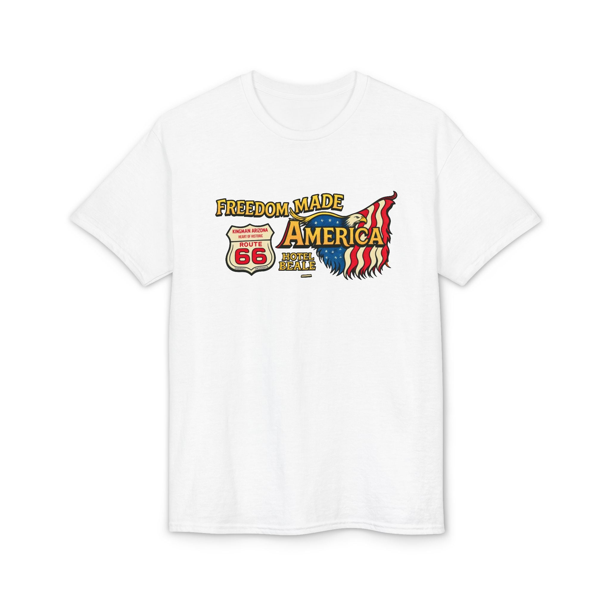 Freedom Made America Route 66 Karte T-Shirt | Amerikanische Flagge Straßenrand-Grafik