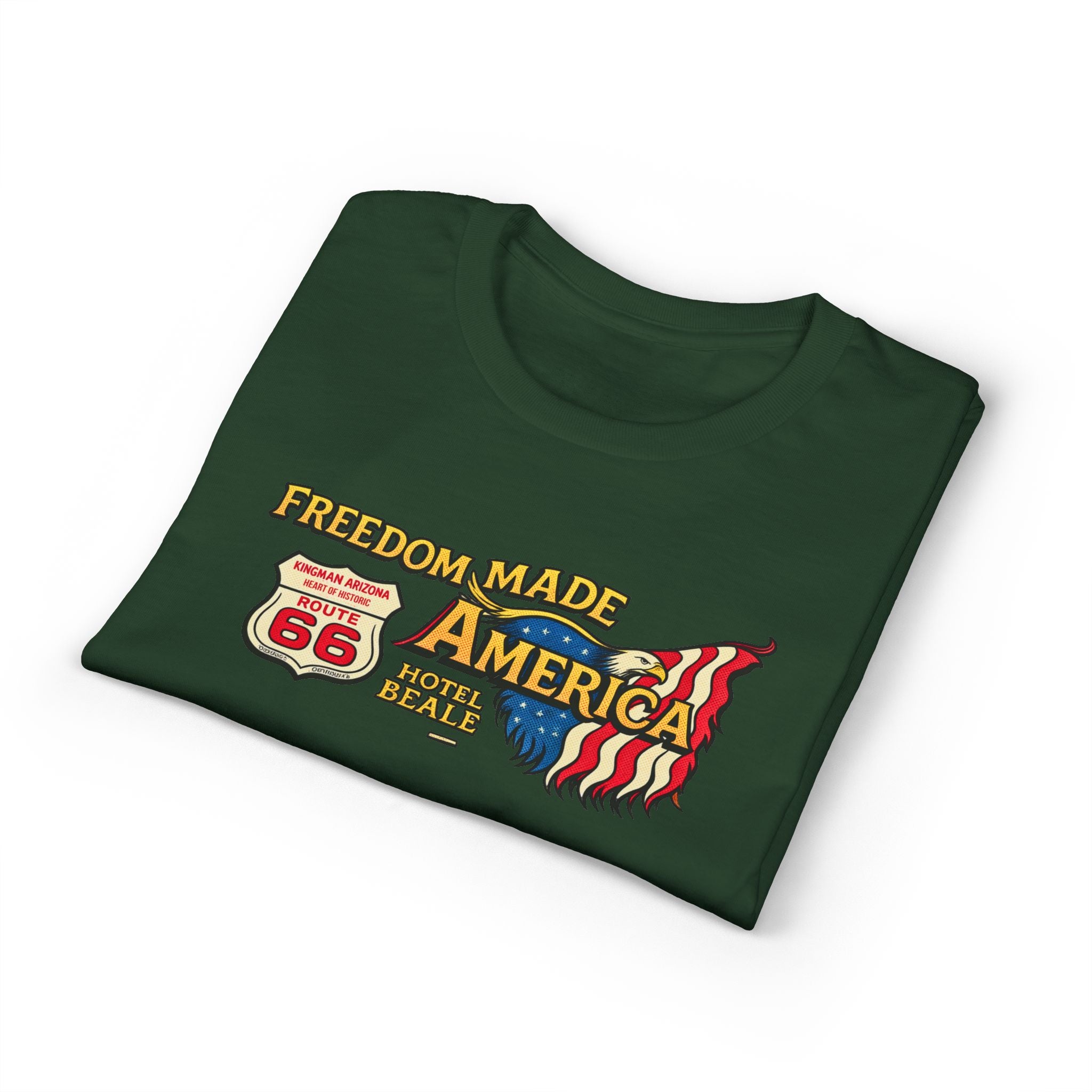 Freedom Made America Route 66 Map T-Shirt | American Flag Roadside Graphic