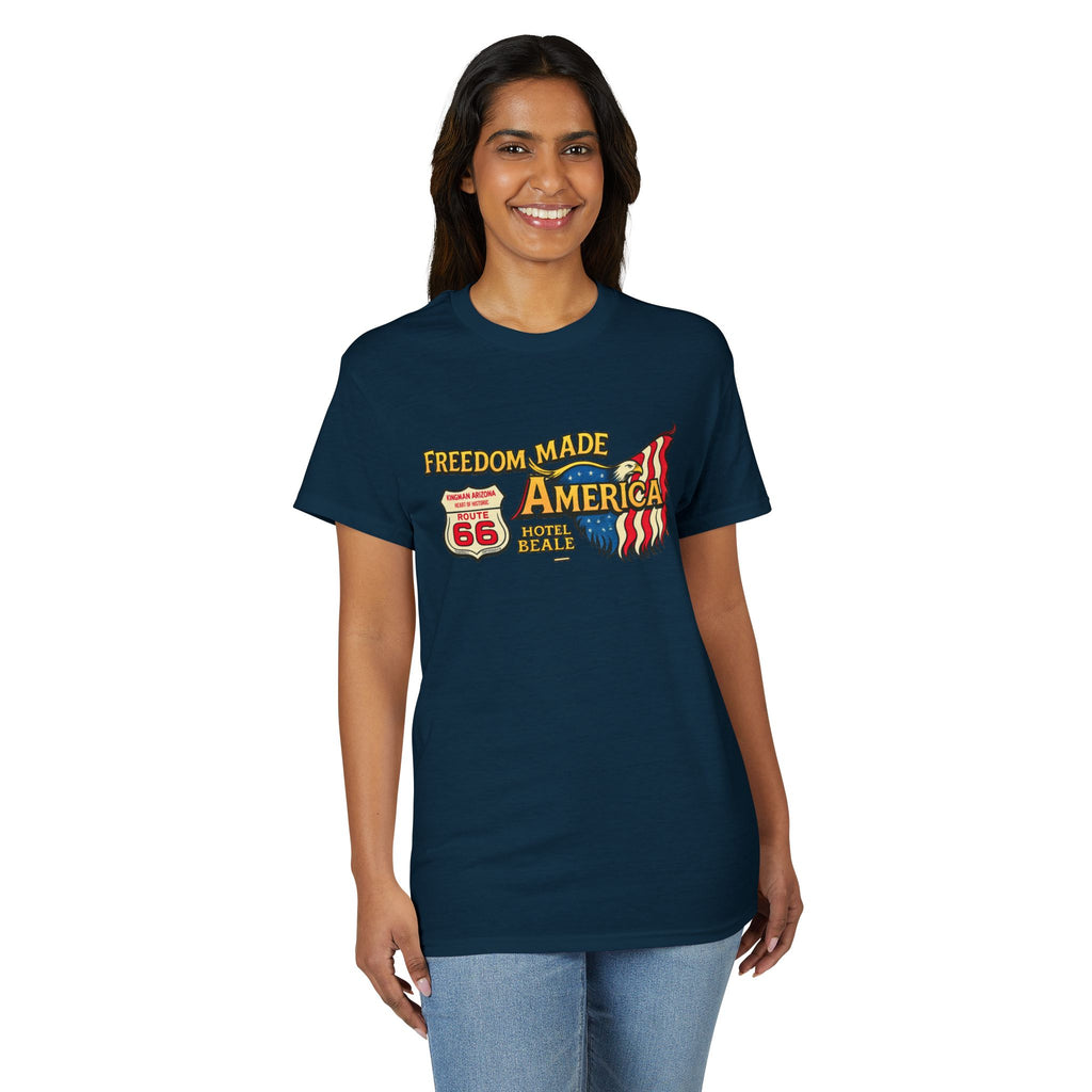 Freedom Made America Route 66 Map T-Shirt | American Flag Roadside Graphic