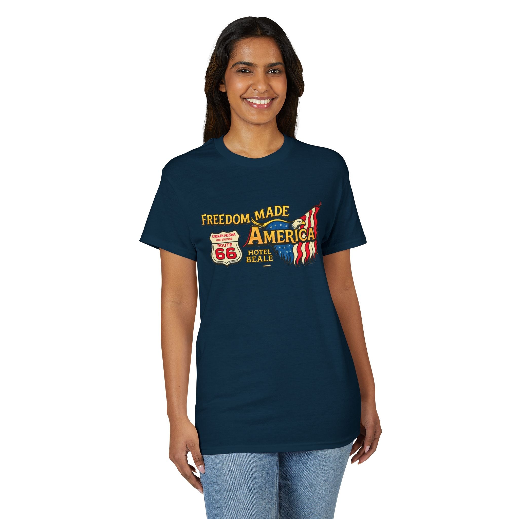 Freedom Made America Route 66 Map T-Shirt | American Flag Roadside Graphic