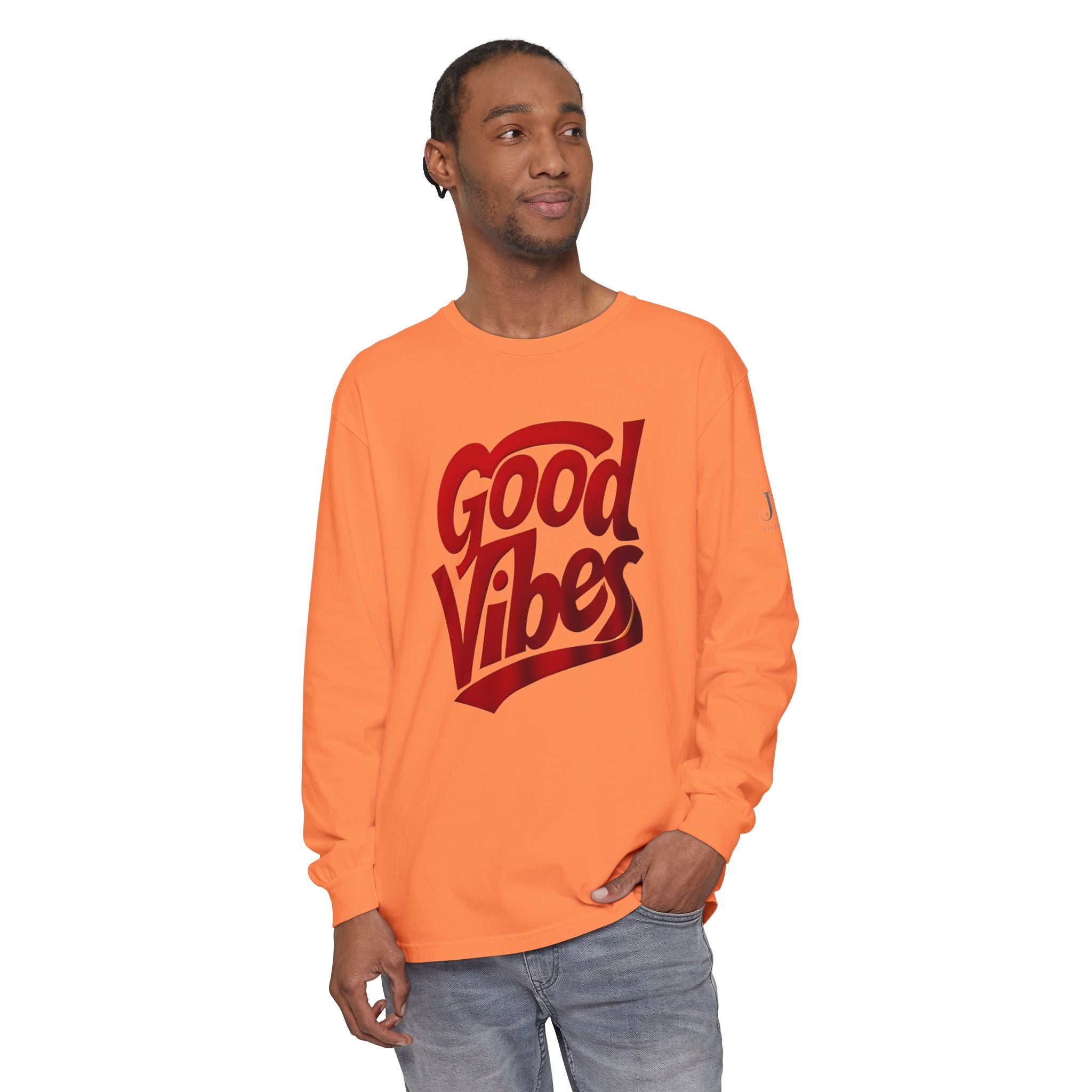 Good Vibes script graphic Long Sleeve Tee | White, Red lettering